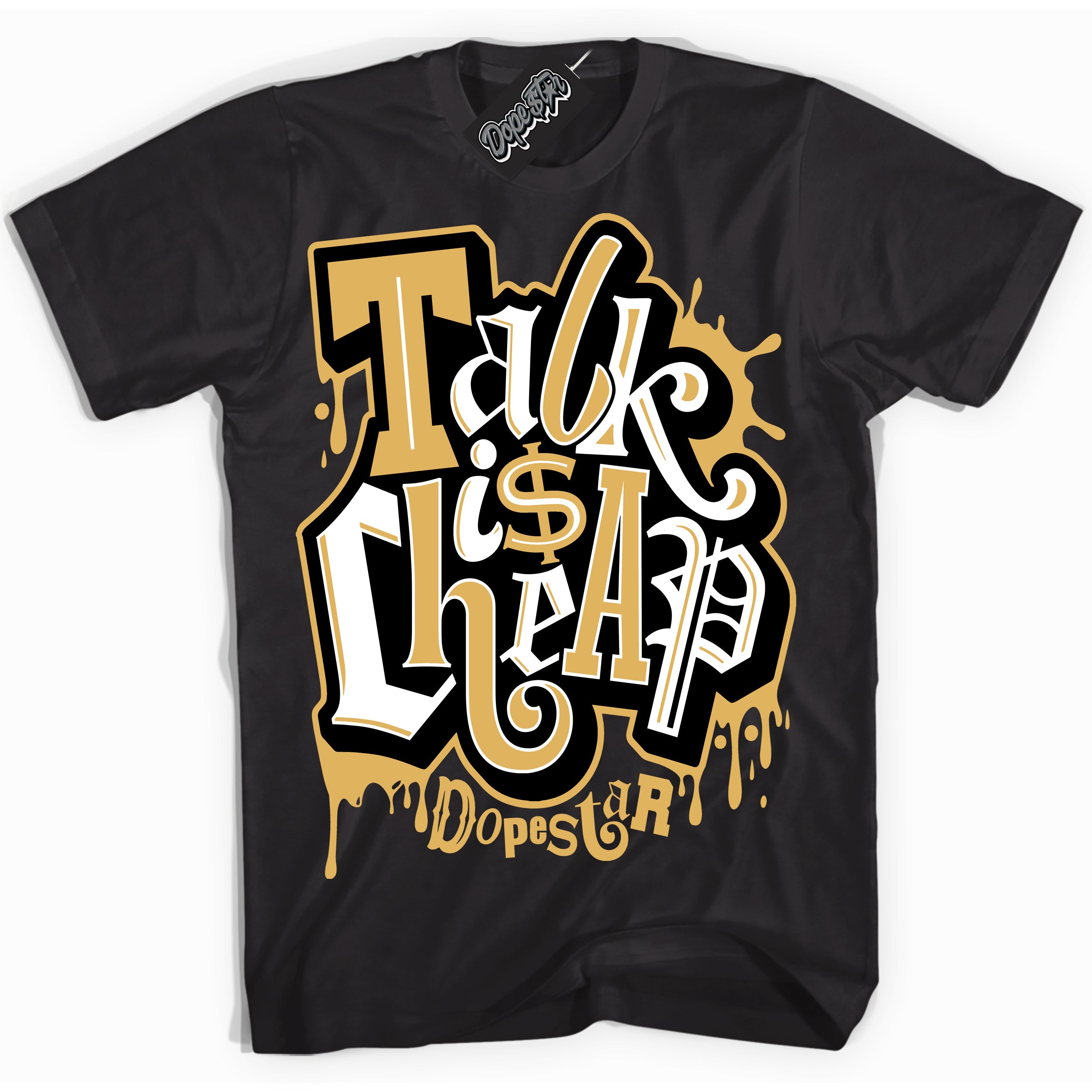 Cool Black Shirt with “ Talk Is Cheap ” design that perfectly matches Gold Swoosh 1s Sneakers.