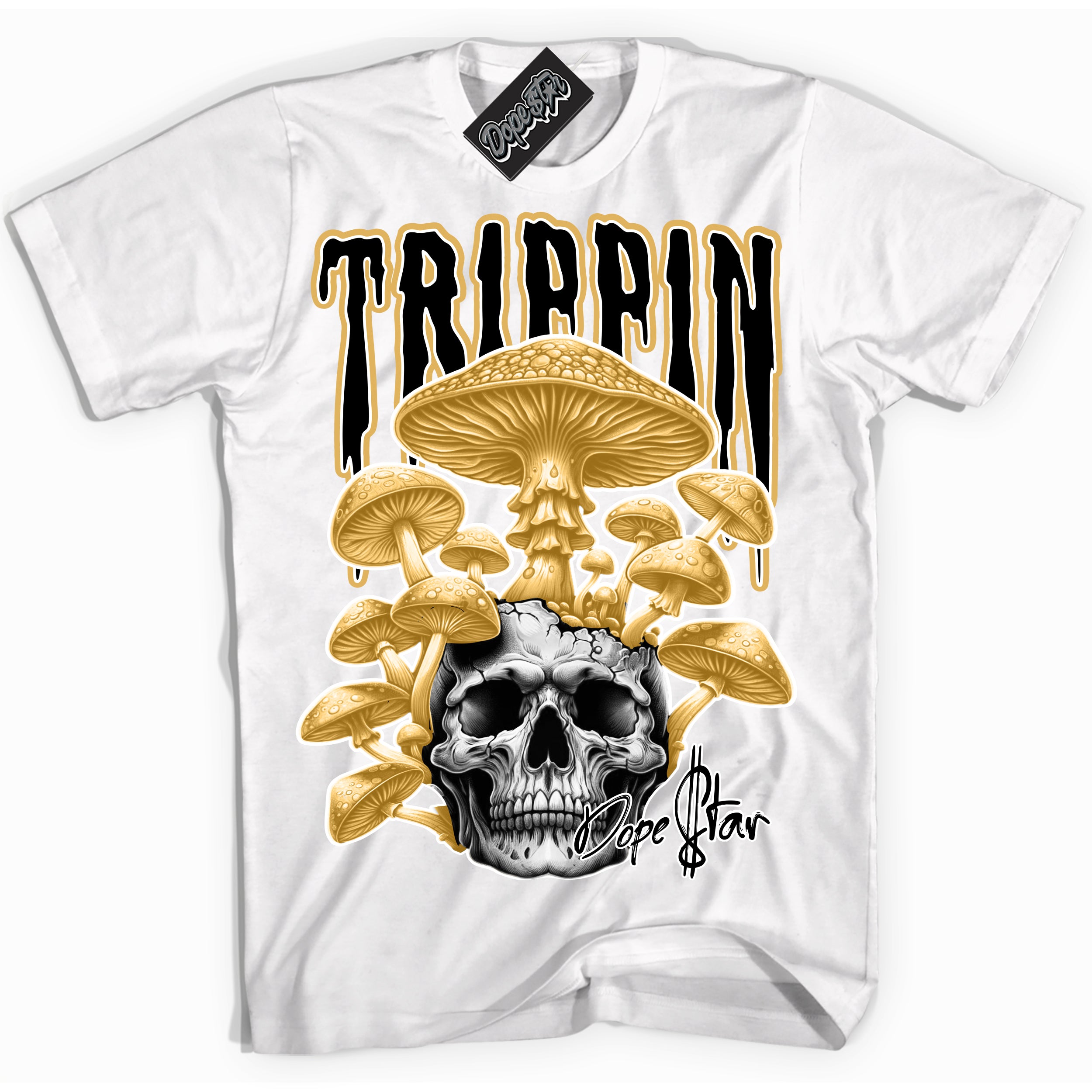 Cool White Shirt with “ Trippin ” design that perfectly matches Gold Swoosh 1s Sneakers.