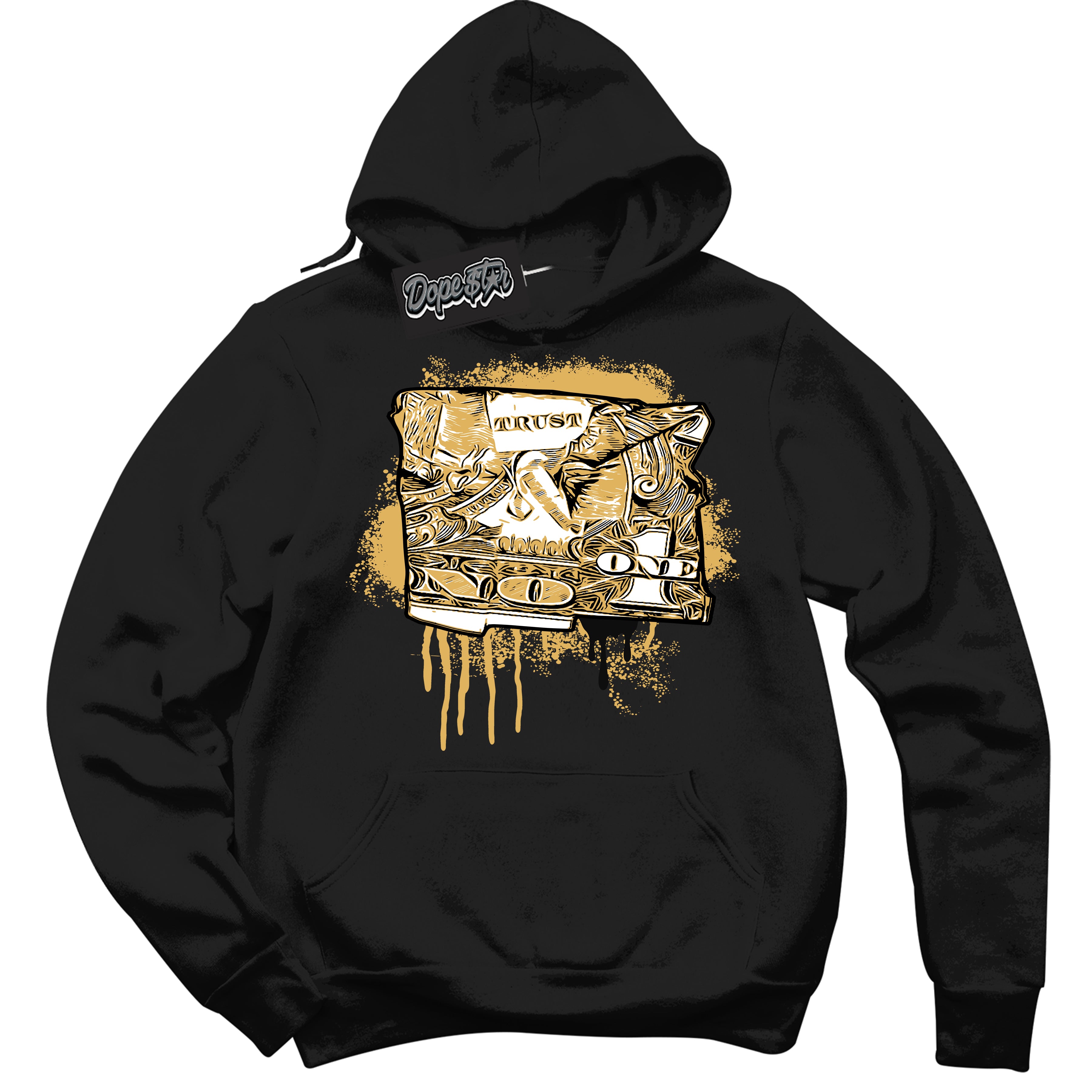 Cool Black Hoodie with “ Trust No One Dollar ”  design that Perfectly Matches Gold Swoosh 1s Sneakers.