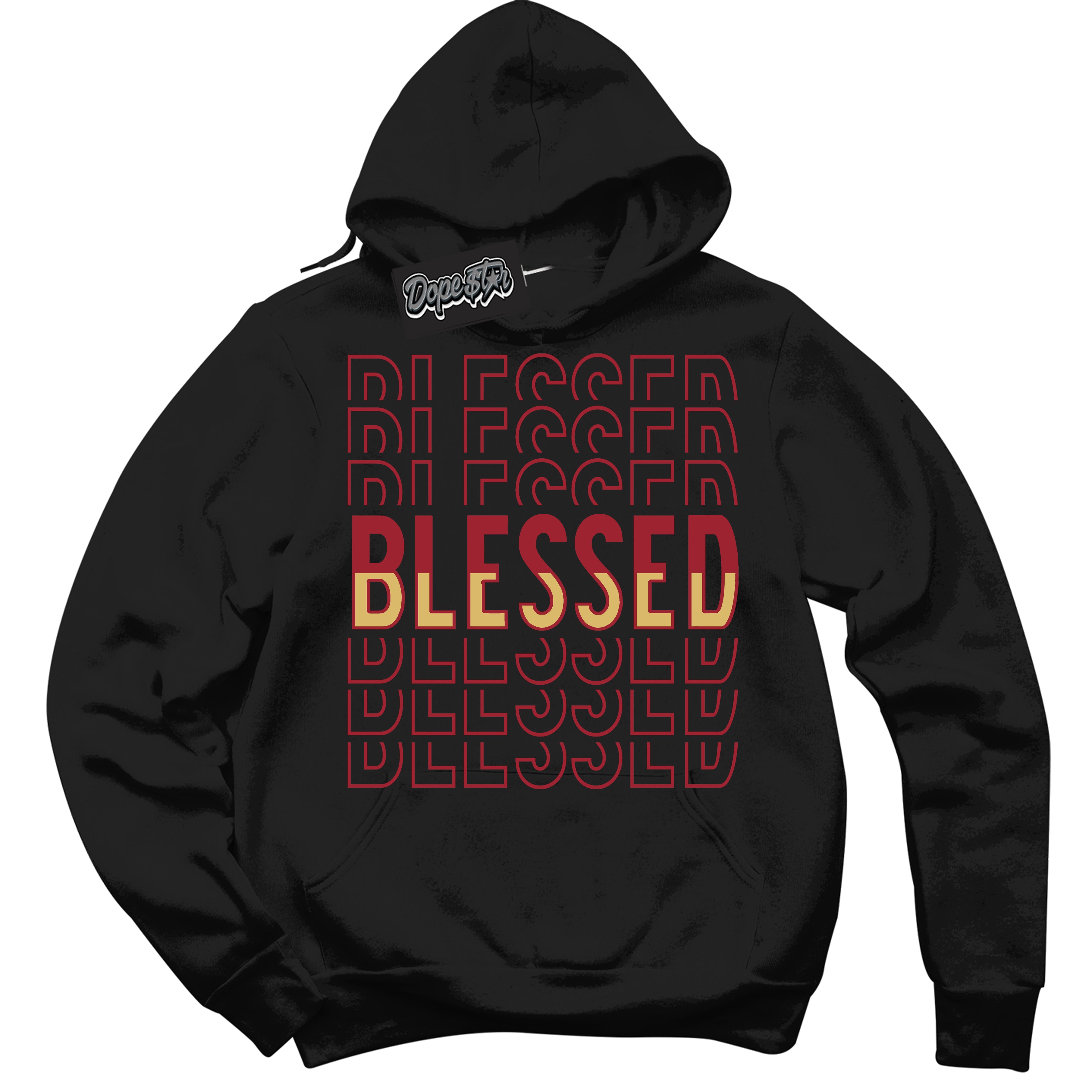 Cool Black Hoodie with “ Blessed Stacked ”  design that Perfectly Matches Method of Make Gym Red Metallic Gold 1s Jordans.