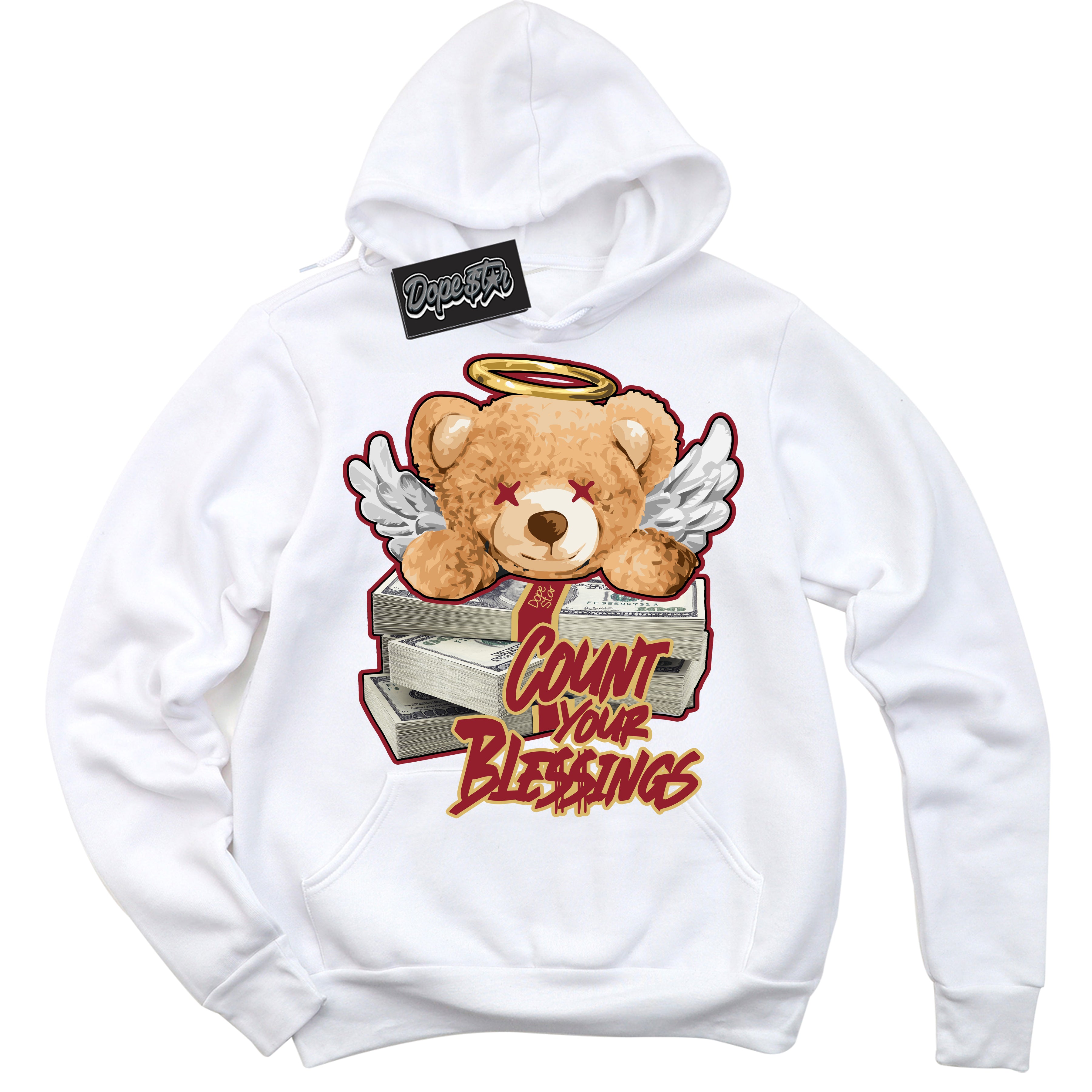 Cool White Hoodie with “ Count Your Blessings ”  design that Perfectly Matches Method of Make Gym Red Metallic Gold 1s Jordans.