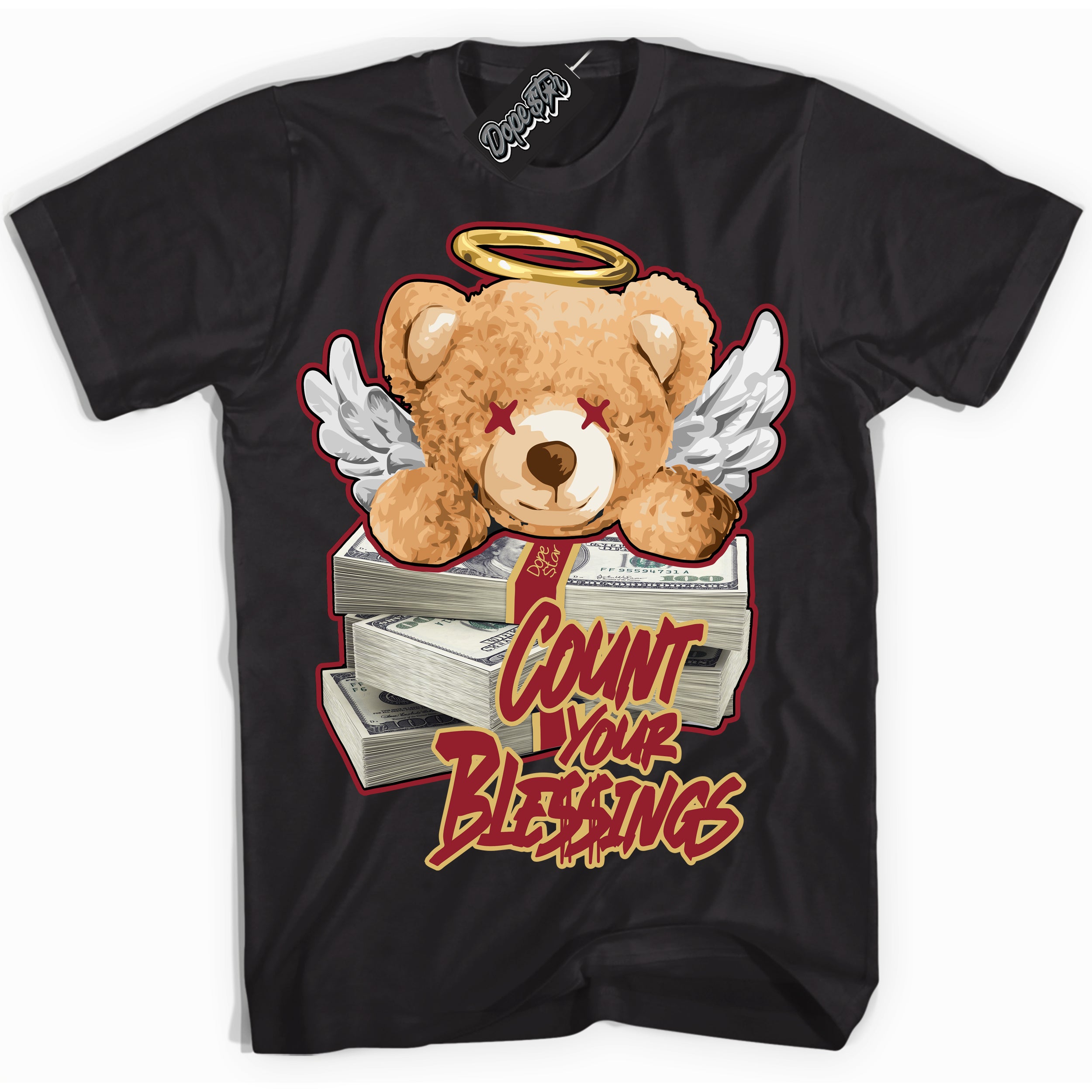 Cool Black Hoodie with “ Count Your Blessings ”  design that Perfectly Matches Method of Make Gym Red Metallic Gold 1s Jordans.