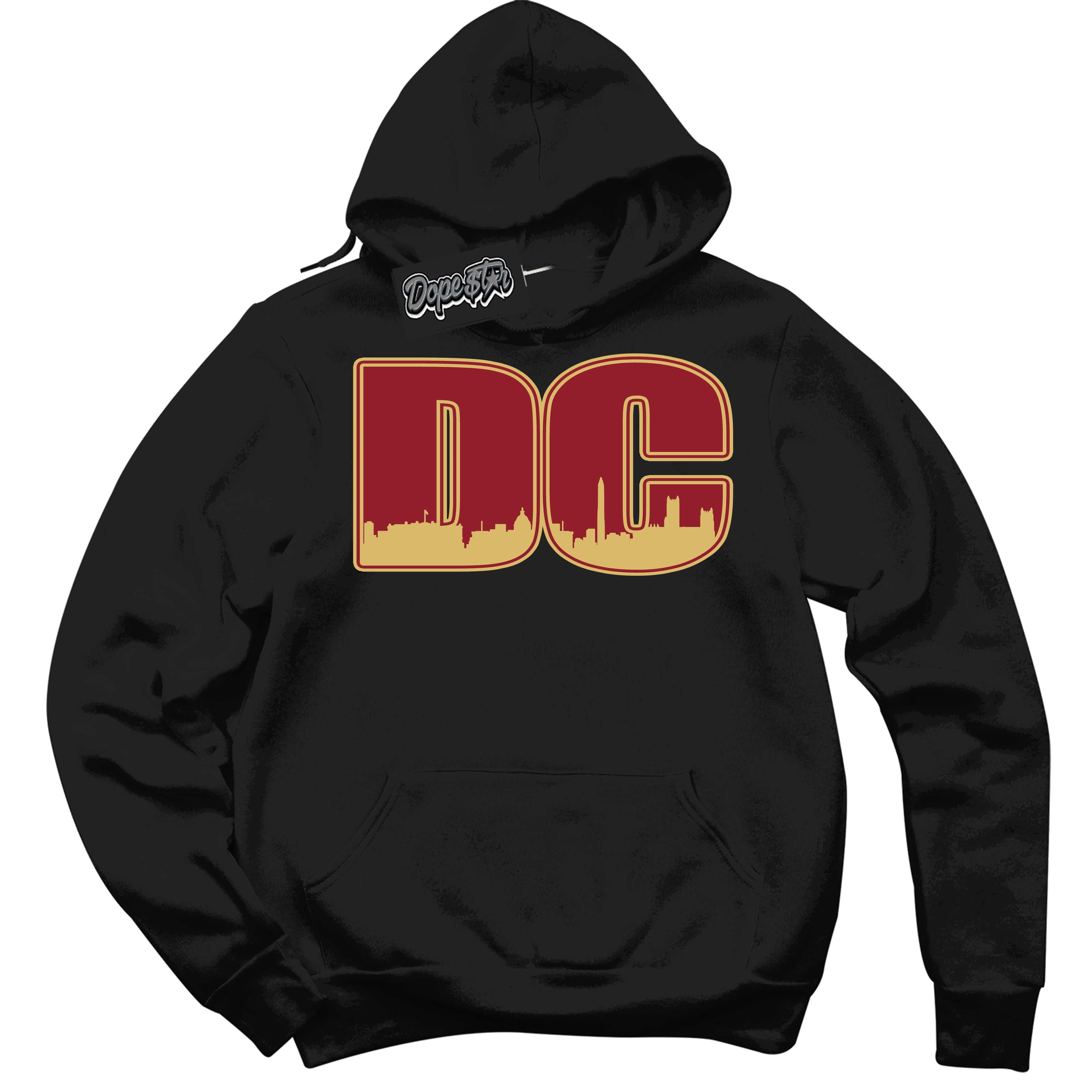 Cool Black Hoodie with “ DC ”  design that Perfectly Matches Method of Make Gym Red Metallic Gold 1s Jordans.