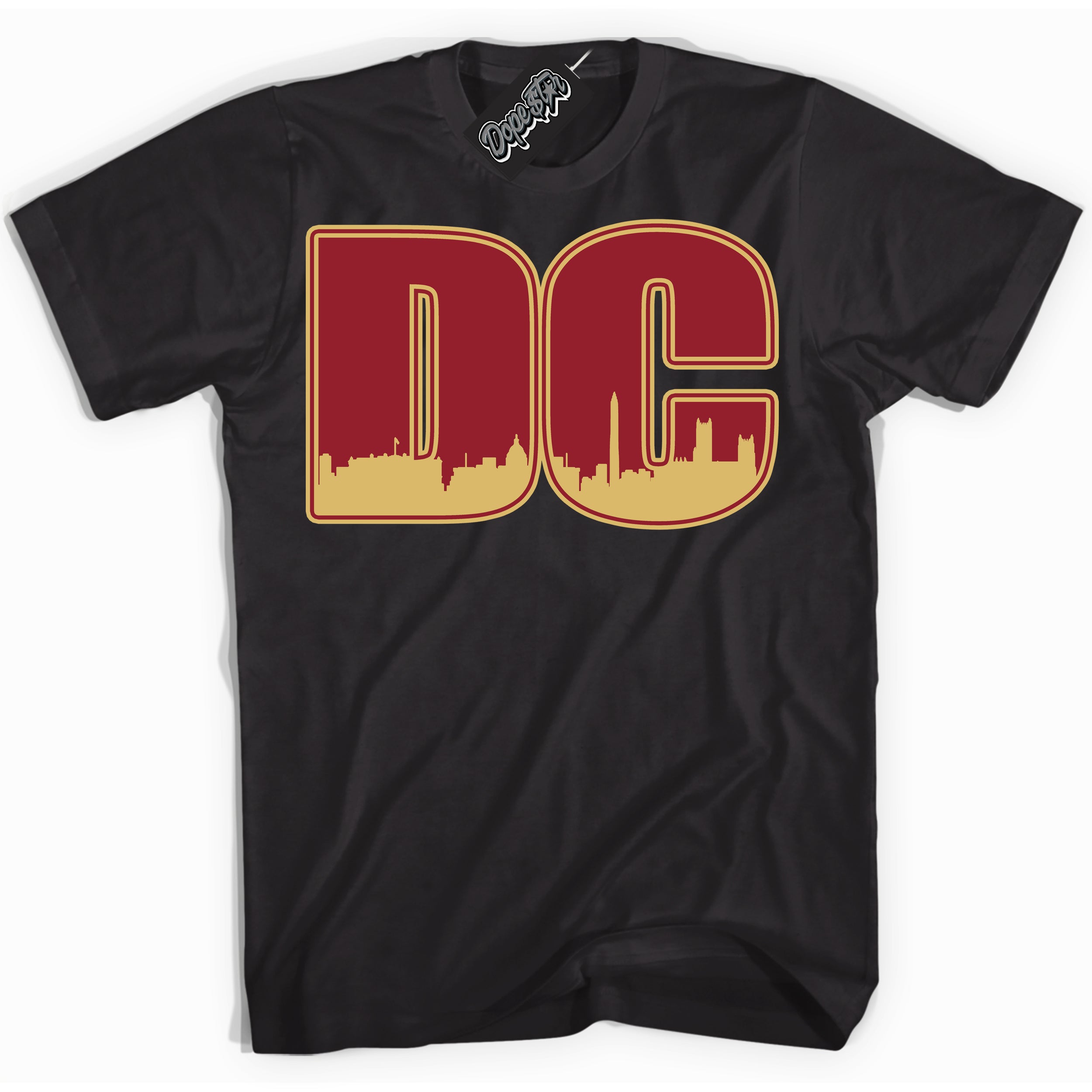 Cool Black Shirt with “ DC ” design that perfectly matches Method of Make Gym Red Metallic Gold 1s Jordans.