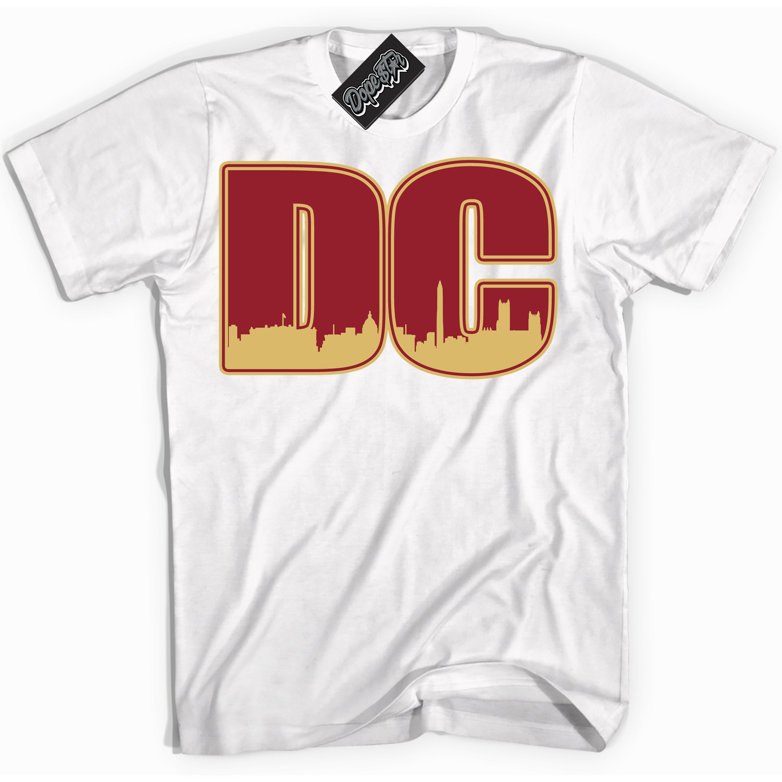 Cool White Shirt with “ DC ” design that perfectly matches Method of Make Gym Red Metallic Gold 1s Jordans.
