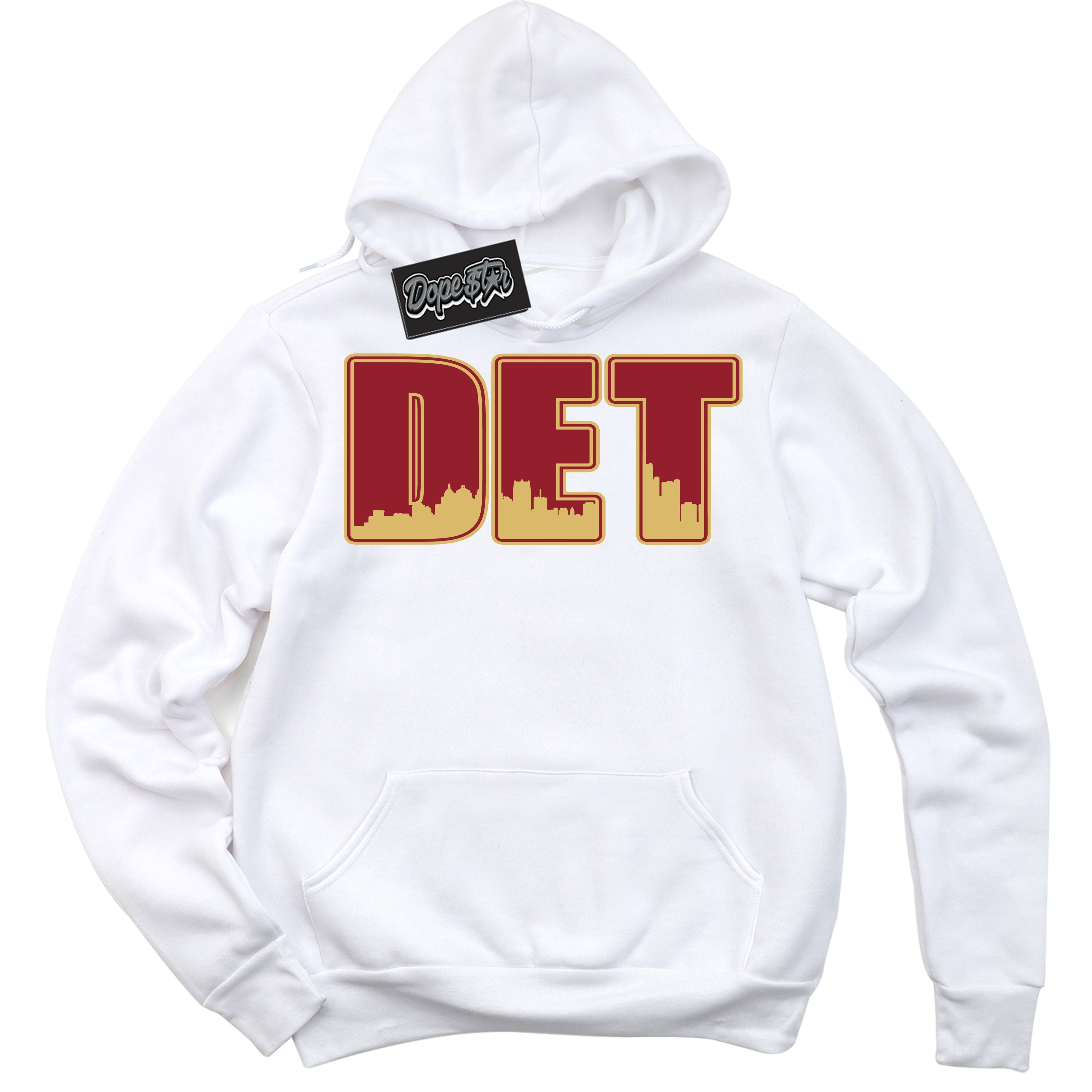 Cool White Hoodie with “ Detroit ”  design that Perfectly Matches Method of Make Gym Red Metallic Gold 1s Jordans.