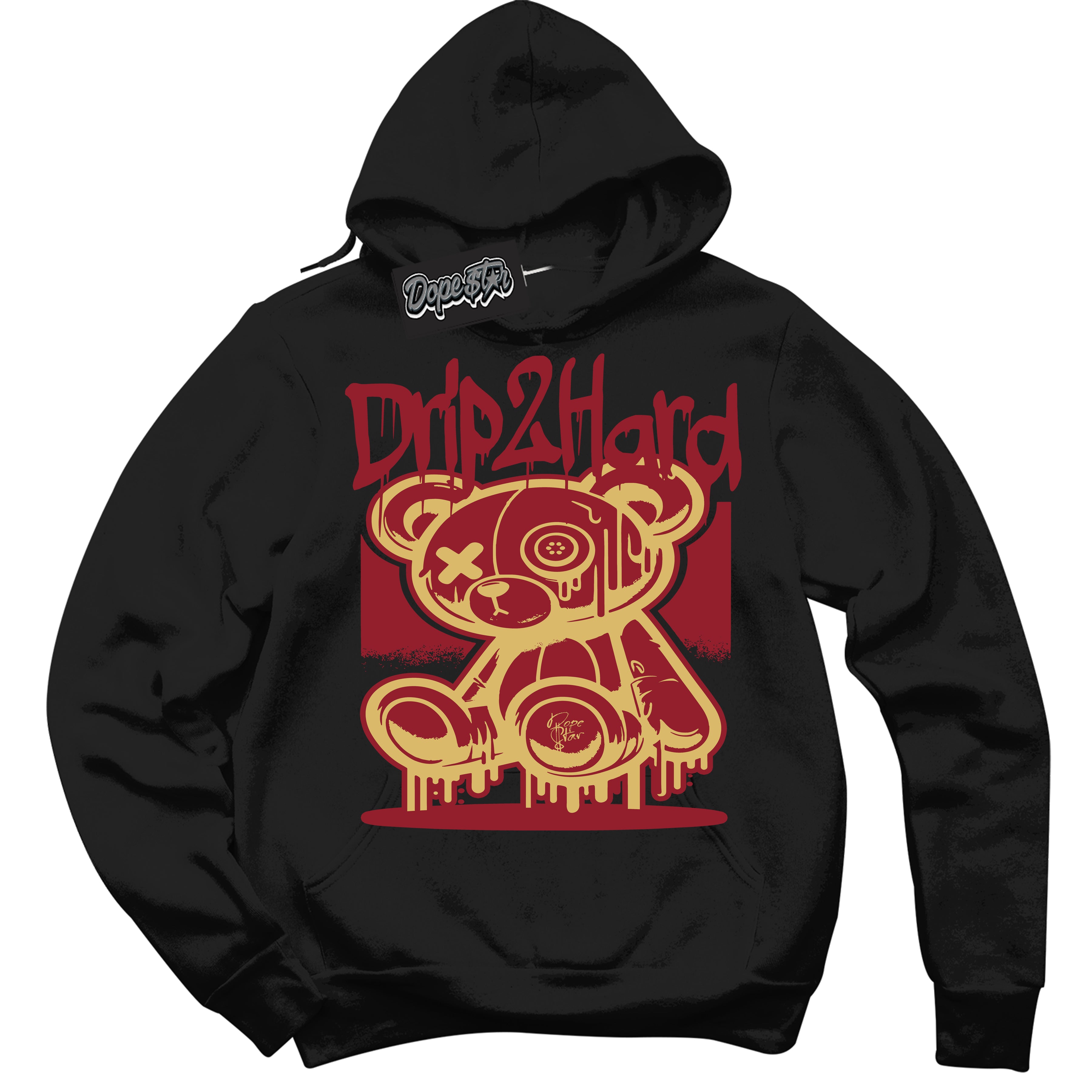 Cool Black Hoodie with “ Drip 2 Hard ”  design that Perfectly Matches Method of Make Gym Red Metallic Gold 1s Jordans.