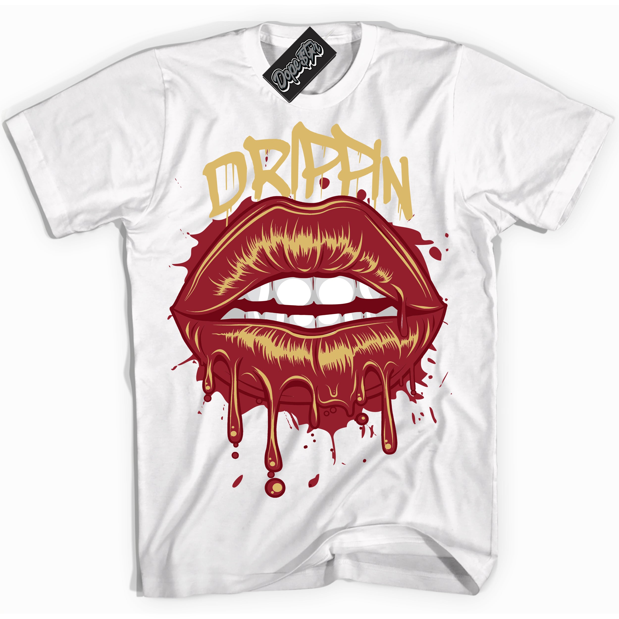 Cool White Shirt with “ Drippin ” design that perfectly matches Method of Make Gym Red Metallic Gold 1s Jordans.