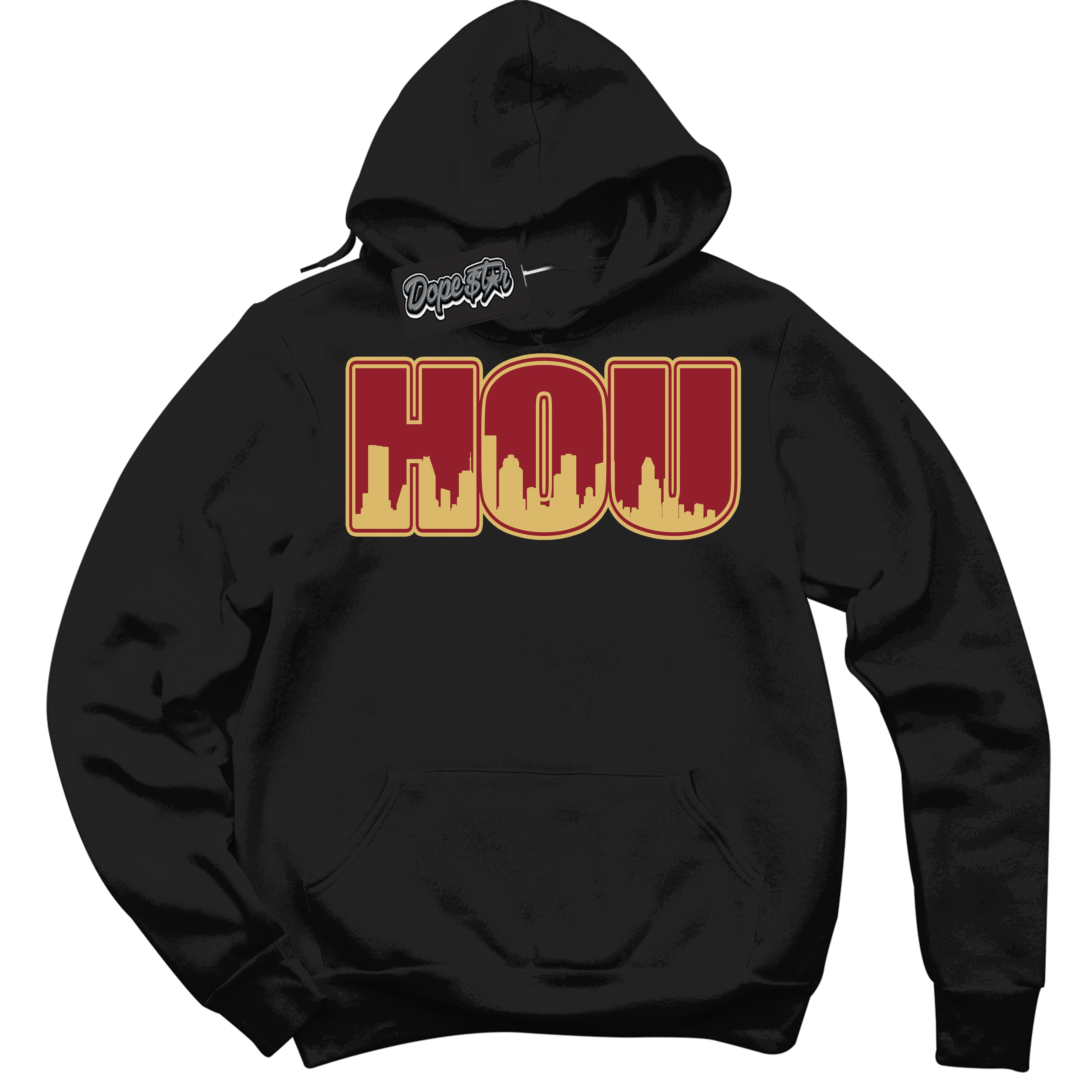Cool Black Hoodie with “ Houston ”  design that Perfectly Matches Method of Make Gym Red Metallic Gold 1s Jordans.