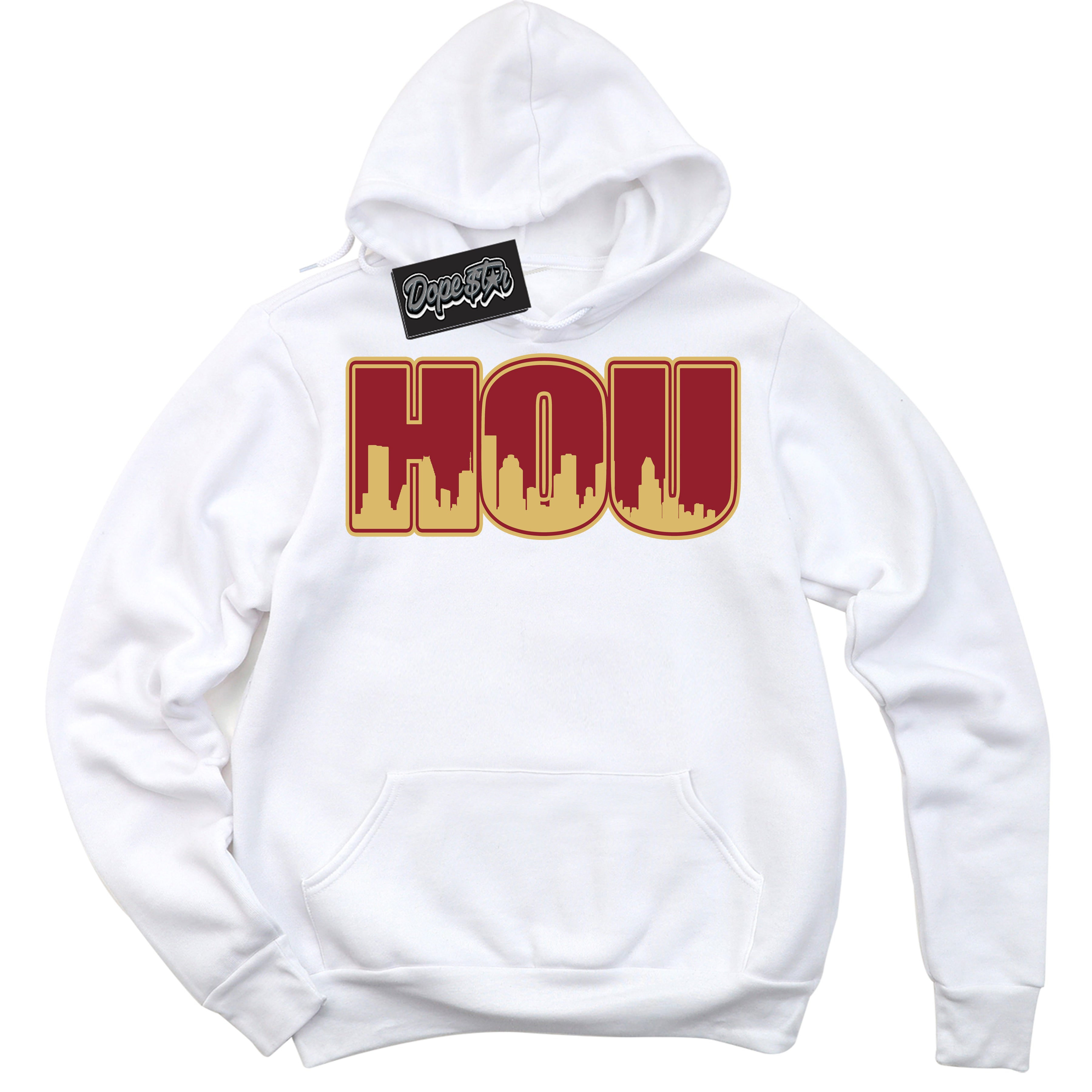 Cool White Hoodie with “ Houston ”  design that Perfectly Matches Method of Make Gym Red Metallic Gold 1s Jordans.