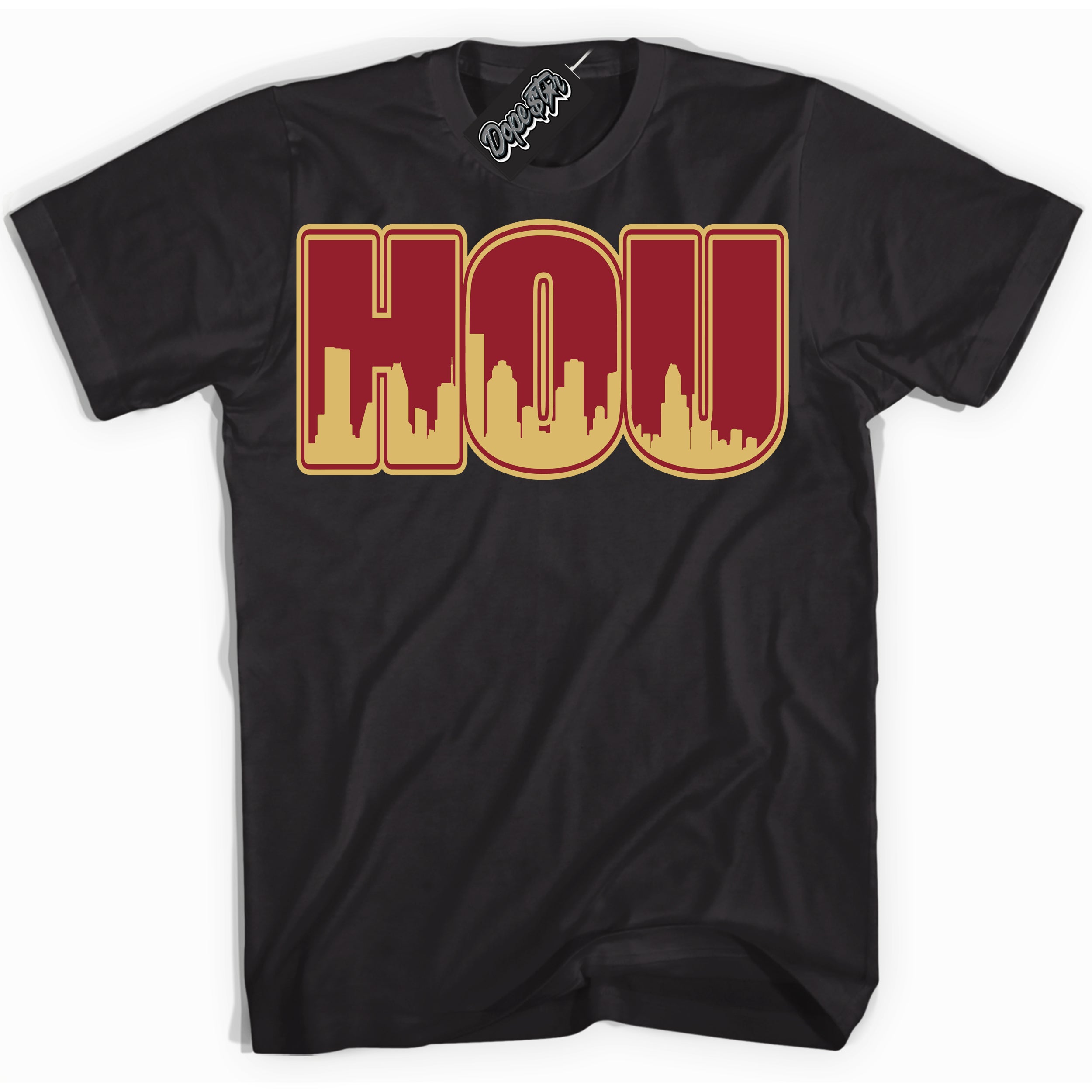Cool Black Shirt with “ Houston ” design that perfectly matches Method of Make Gym Red Metallic Gold 1s Jordans.