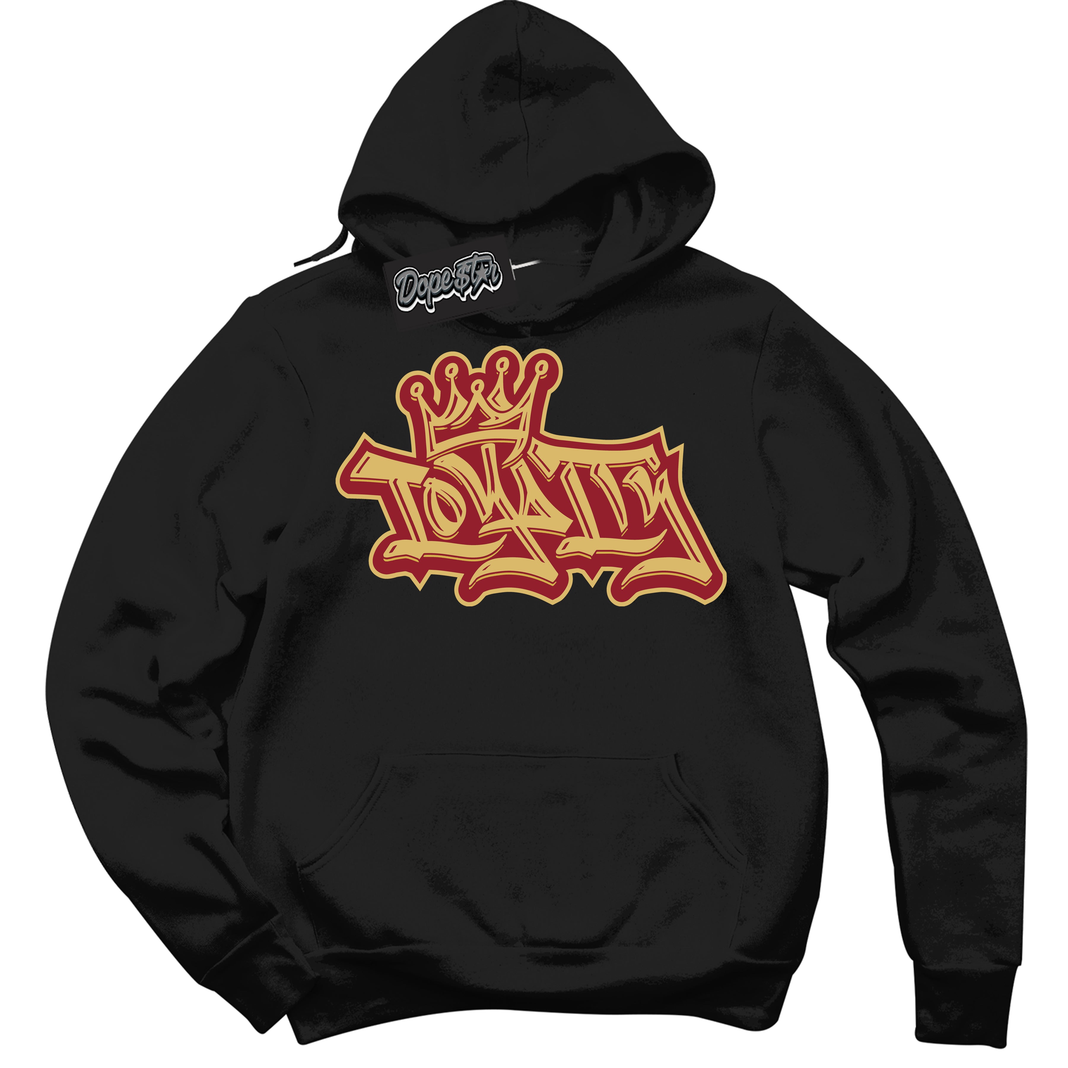 Cool Black Hoodie with “ Loyalty Crown ”  design that Perfectly Matches Method of Make Gym Red Metallic Gold 1s Jordans.