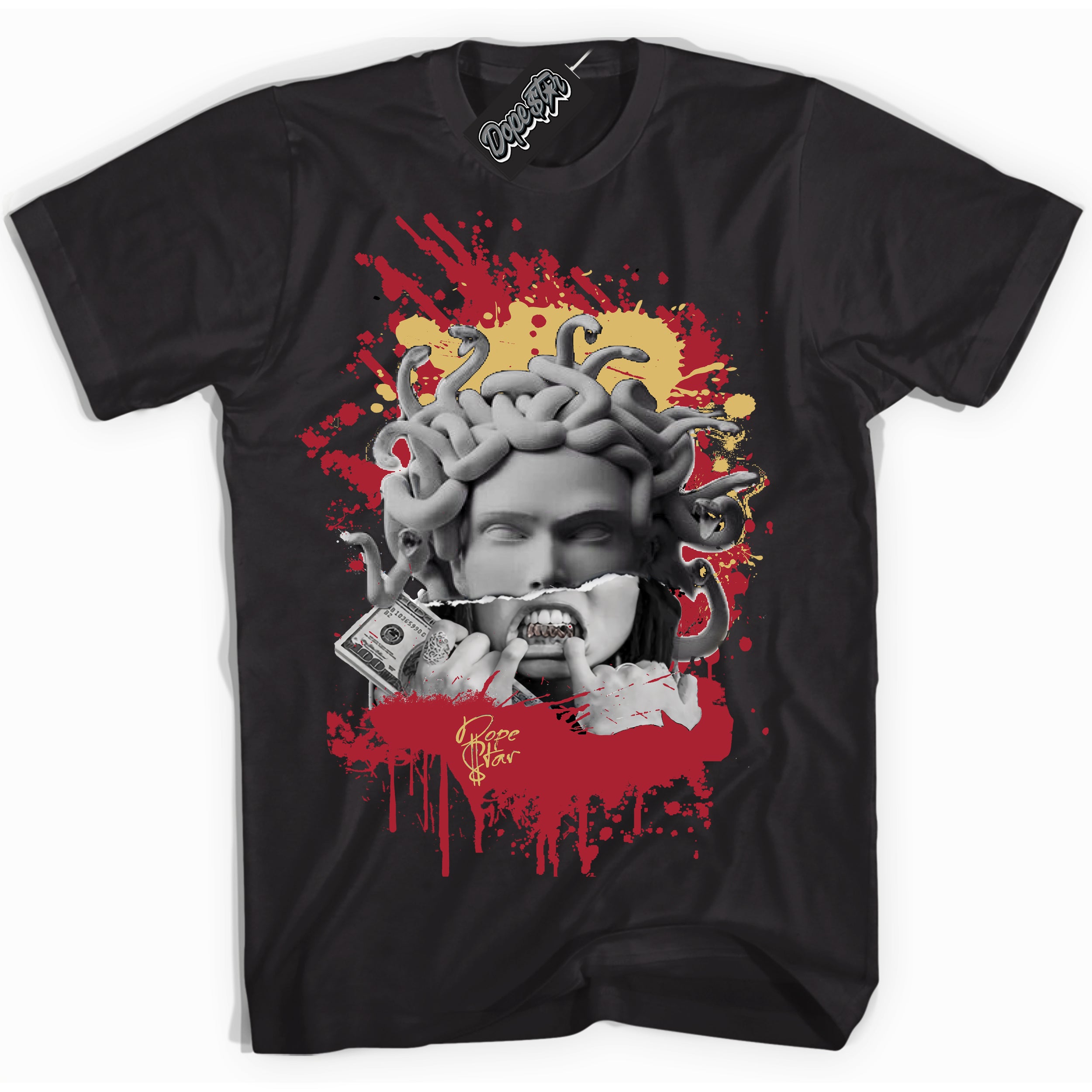 Cool Black Shirt with “ Medusa ” design that perfectly matches Method of Make Gym Red Metallic Gold 1s Jordans.