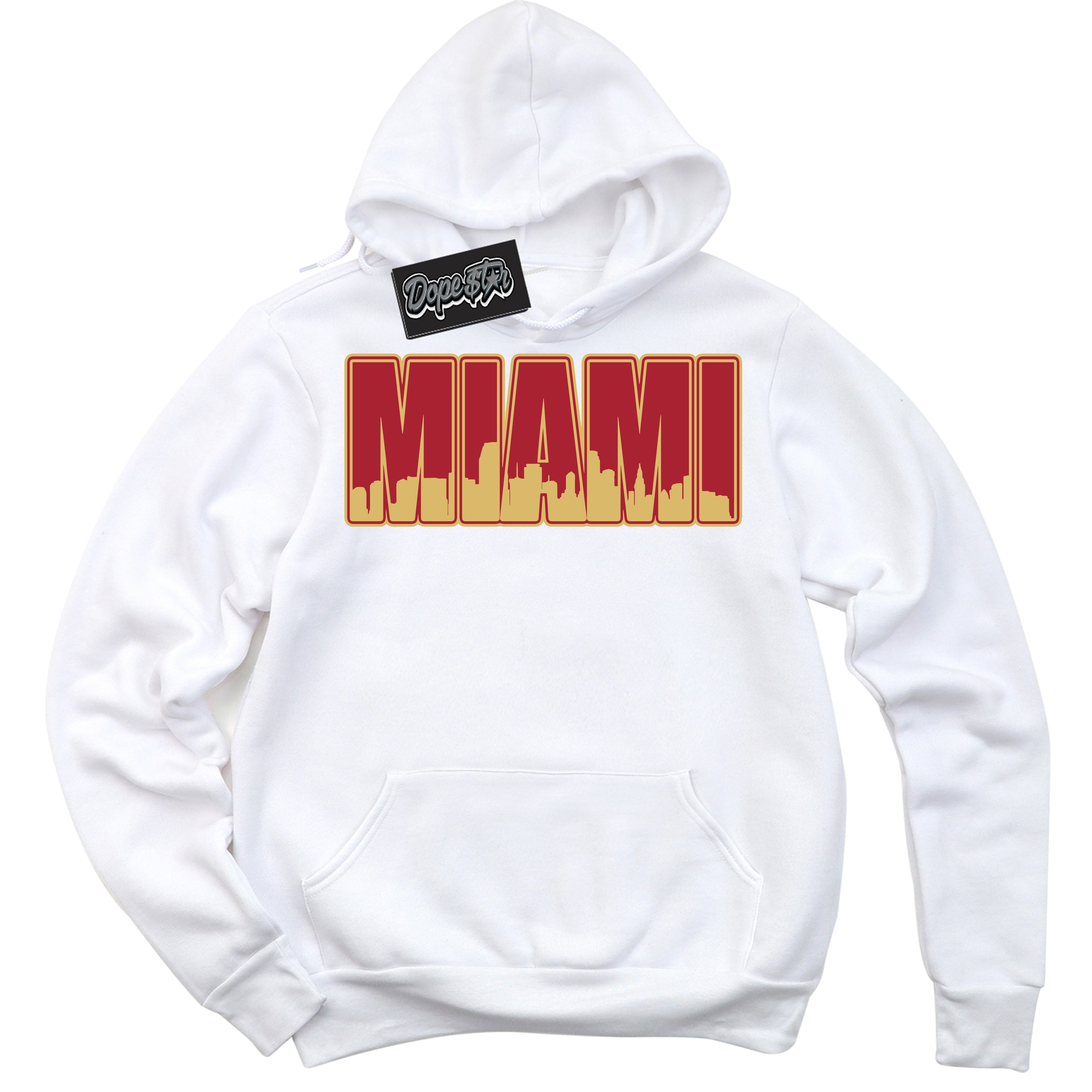 Cool White Hoodie with “ Miami ”  design that Perfectly Matches Method of Make Gym Red Metallic Gold 1s Jordans.