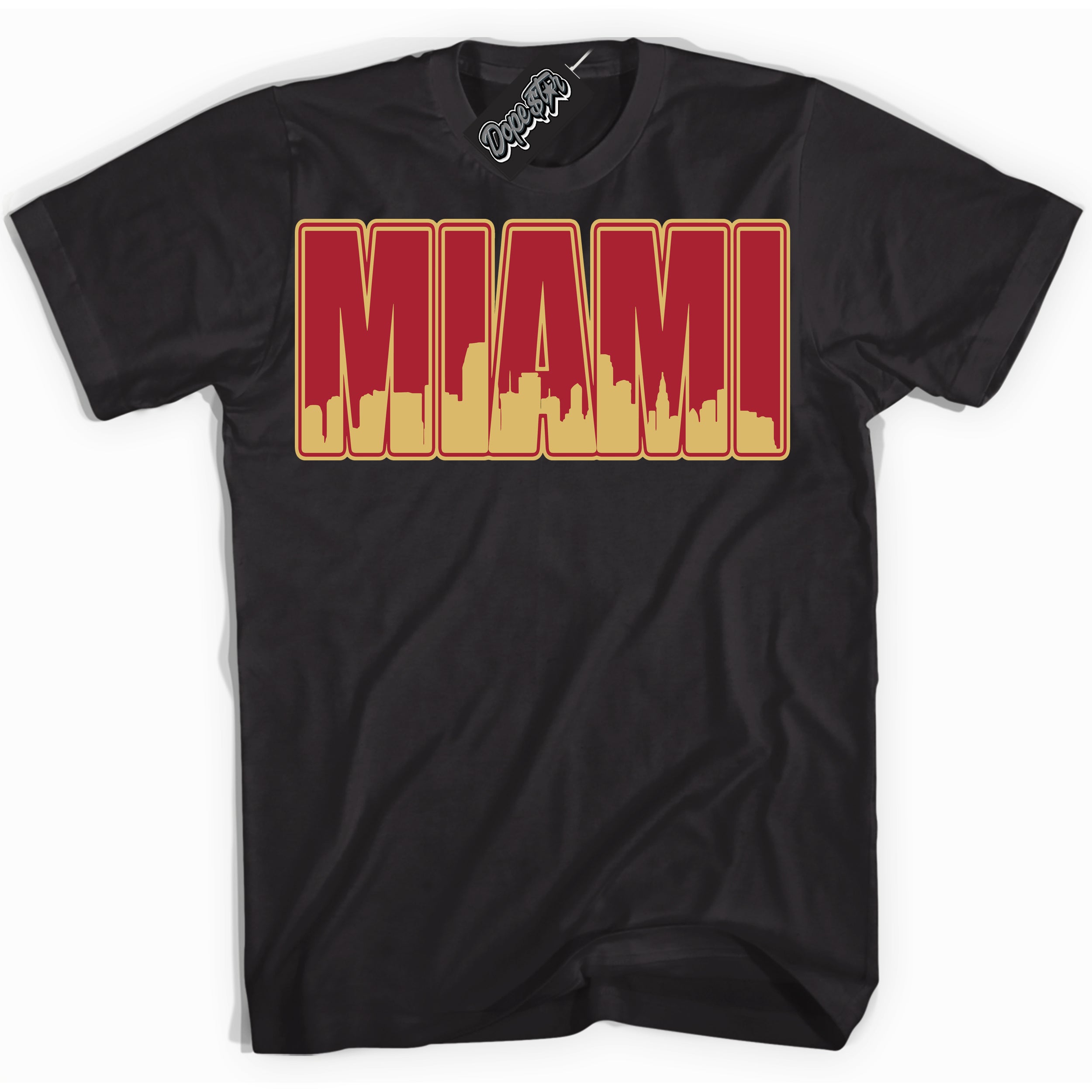 Cool Black Shirt with “ Miami ” design that perfectly matches Method of Make Gym Red Metallic Gold 1s Jordans.