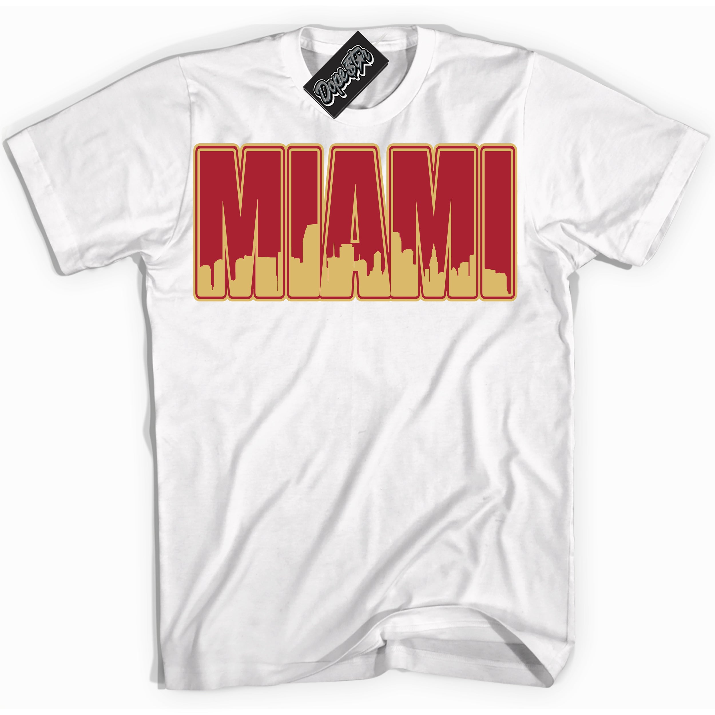 Cool White Shirt with “ Miami ” design that perfectly matches Method of Make Gym Red Metallic Gold 1s Jordans.