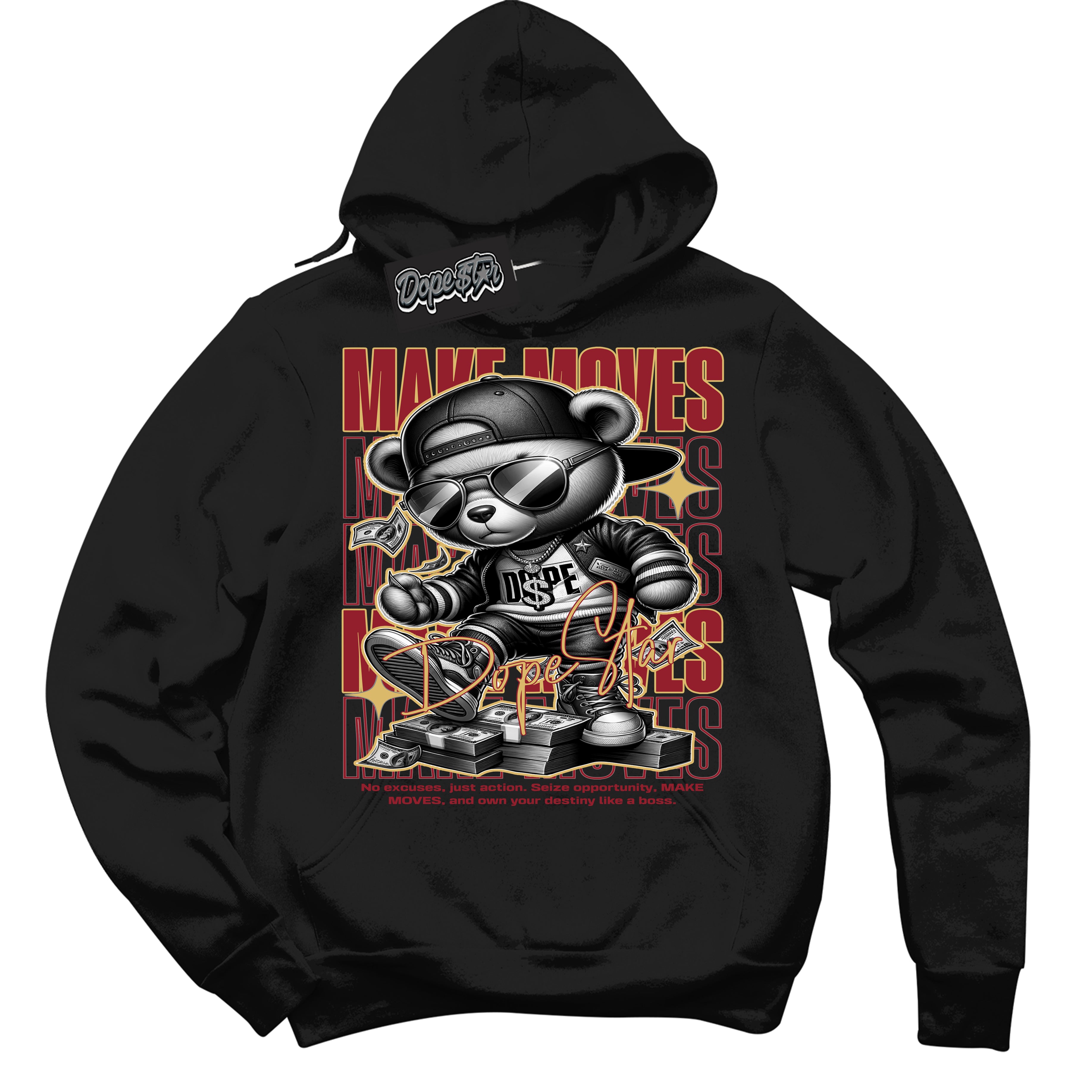 Cool Black Hoodie with “ Make Moves ”  design that Perfectly Matches Method of Make Gym Red Metallic Gold 1s Jordans.