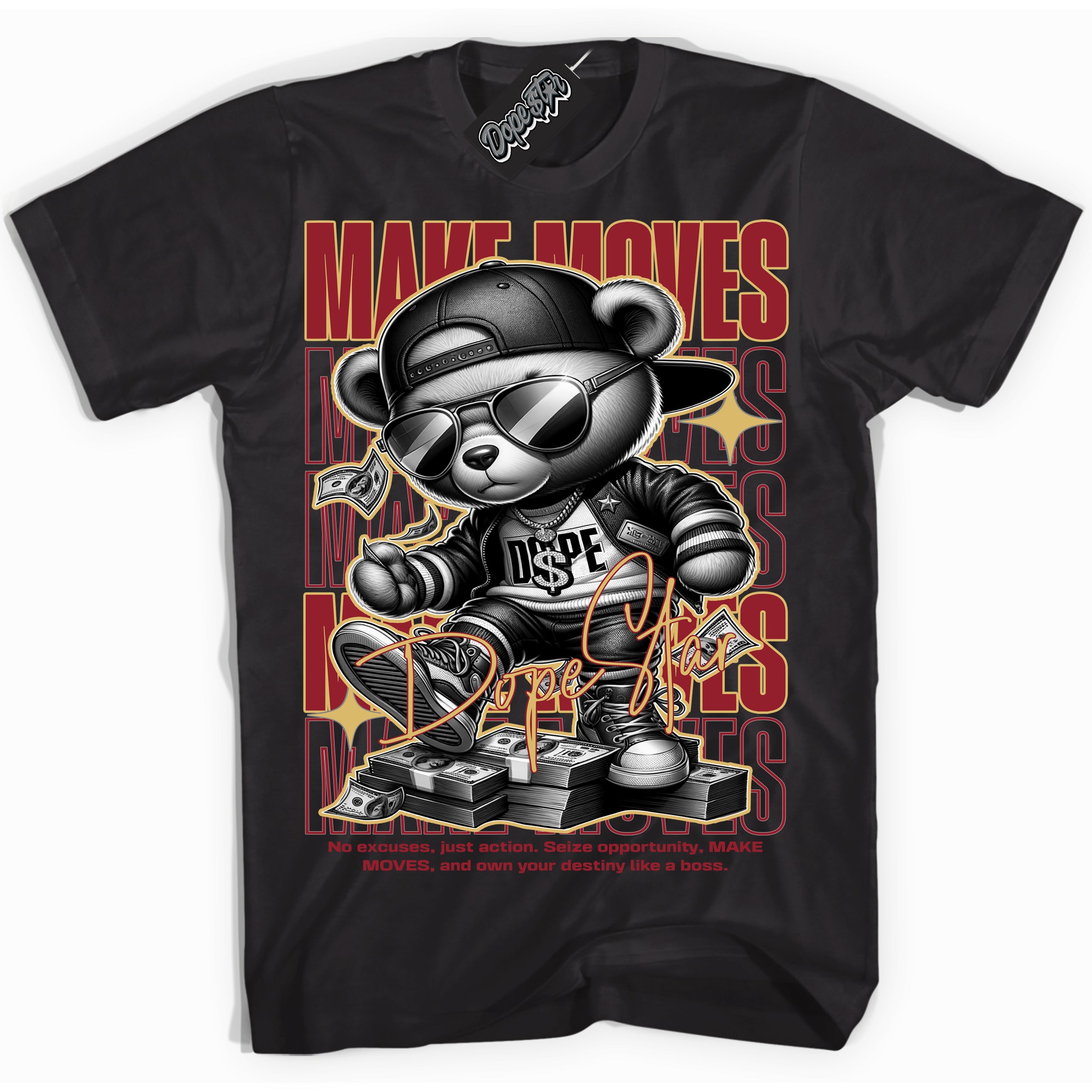 Cool Black Shirt with “ Make Moves ” design that perfectly matches Method of Make Gym Red Metallic Gold 1s Jordans.