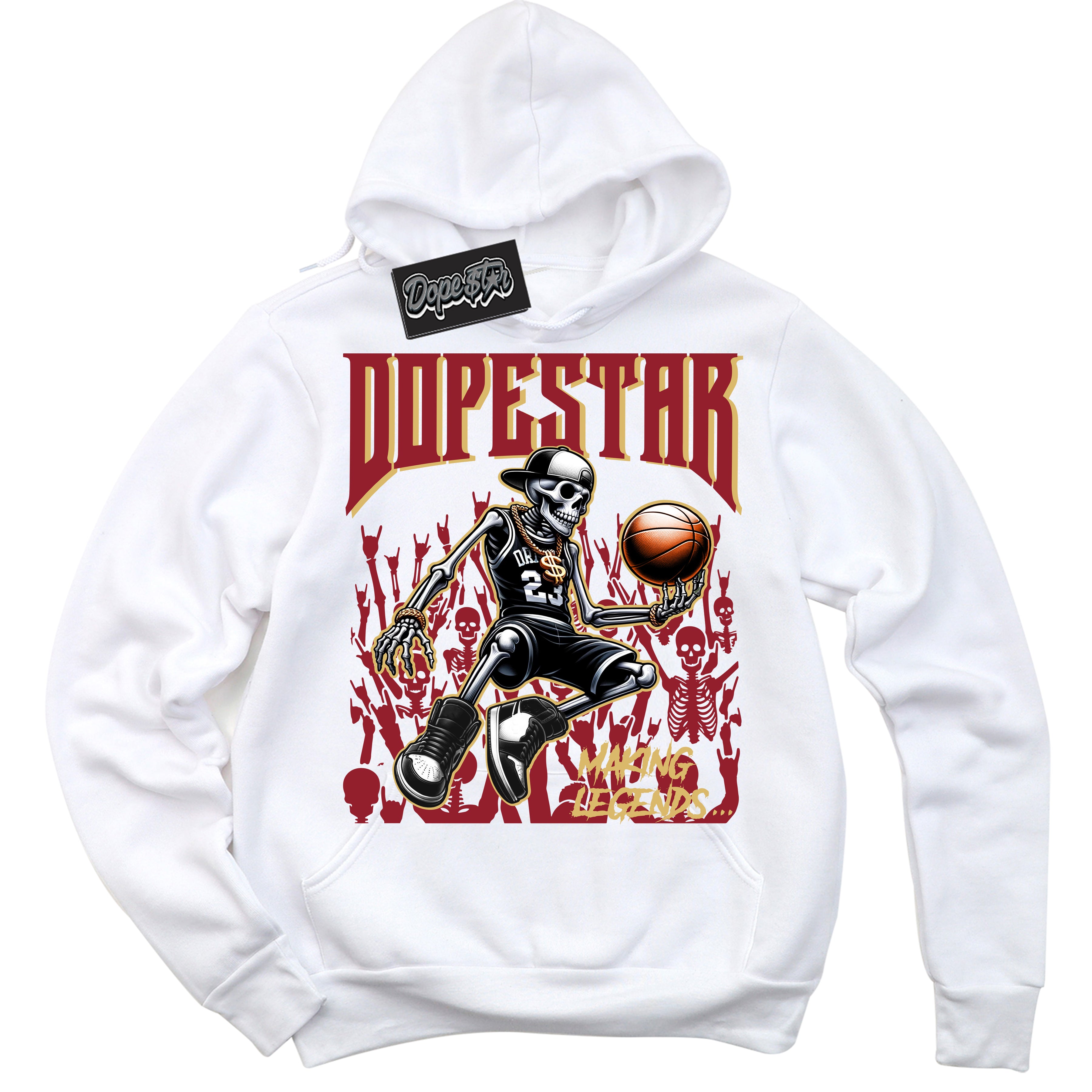 Cool White Hoodie with “ Making Legends ”  design that Perfectly Matches Method of Make Gym Red Metallic Gold 1s Jordans.