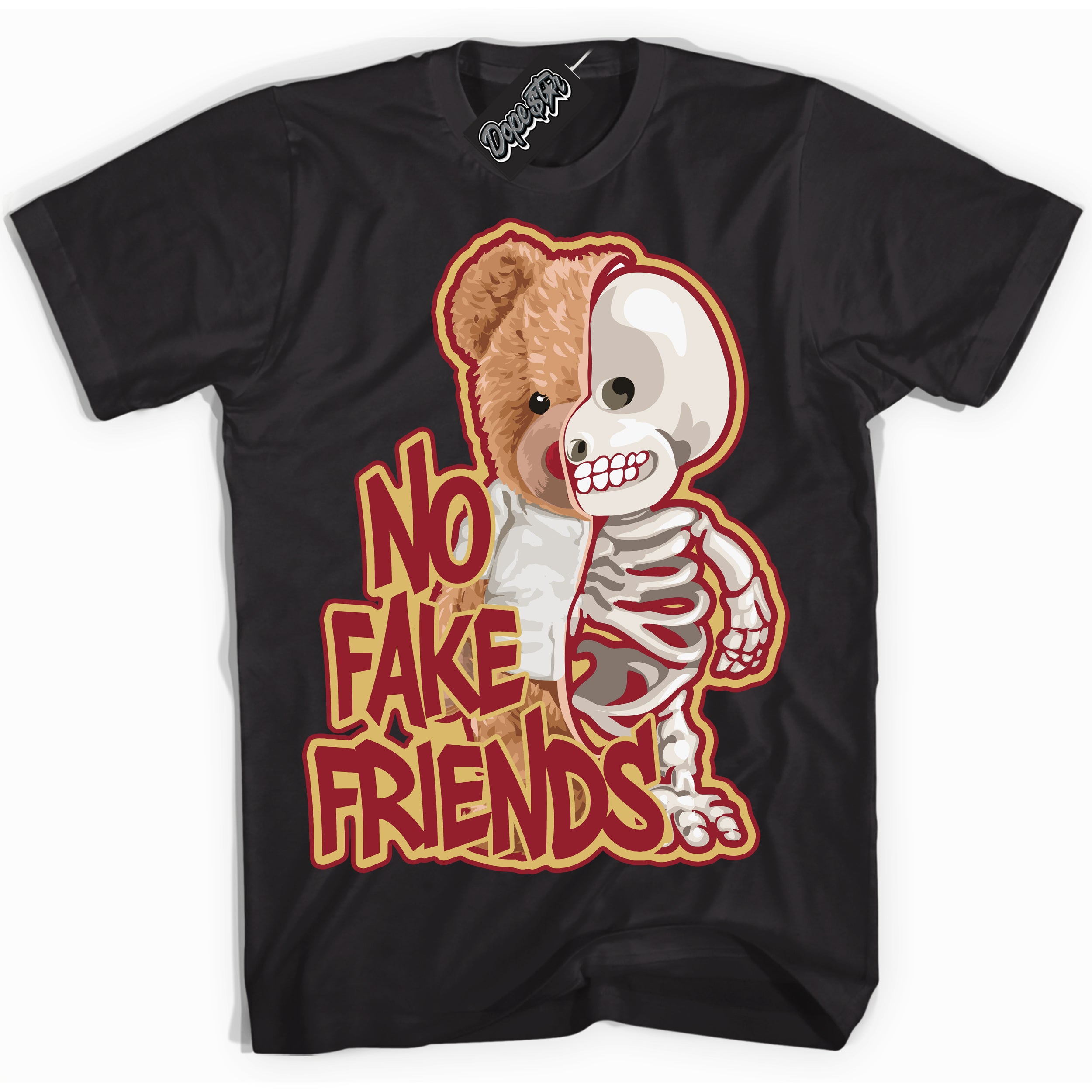 Cool Black Shirt with “ No Fake Friends ” design that perfectly matches Method of Make Gym Red Metallic Gold 1s Jordans.