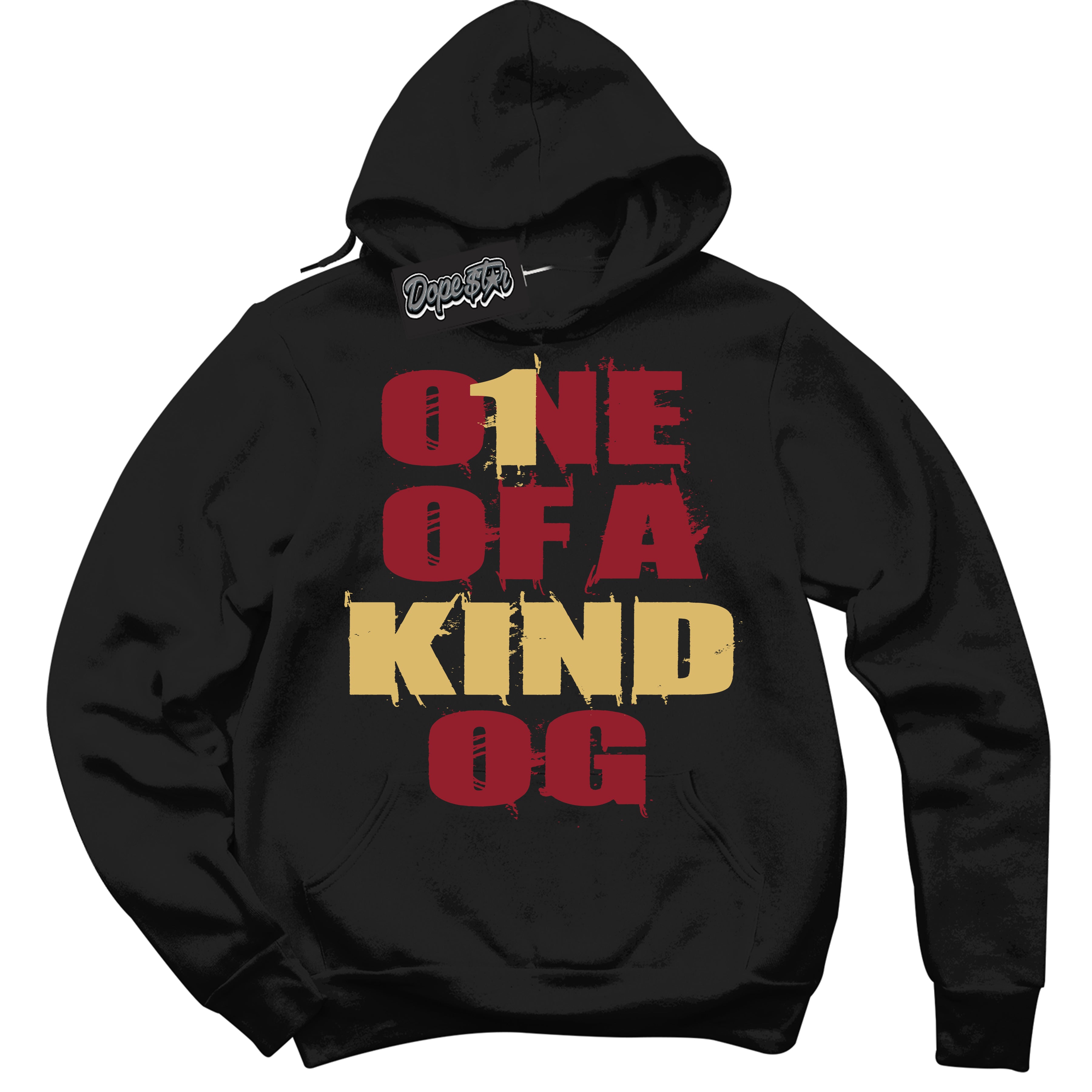 Cool Black Hoodie with “ One Of A Kind ”  design that Perfectly Matches Method of Make Gym Red Metallic Gold 1s Jordans.