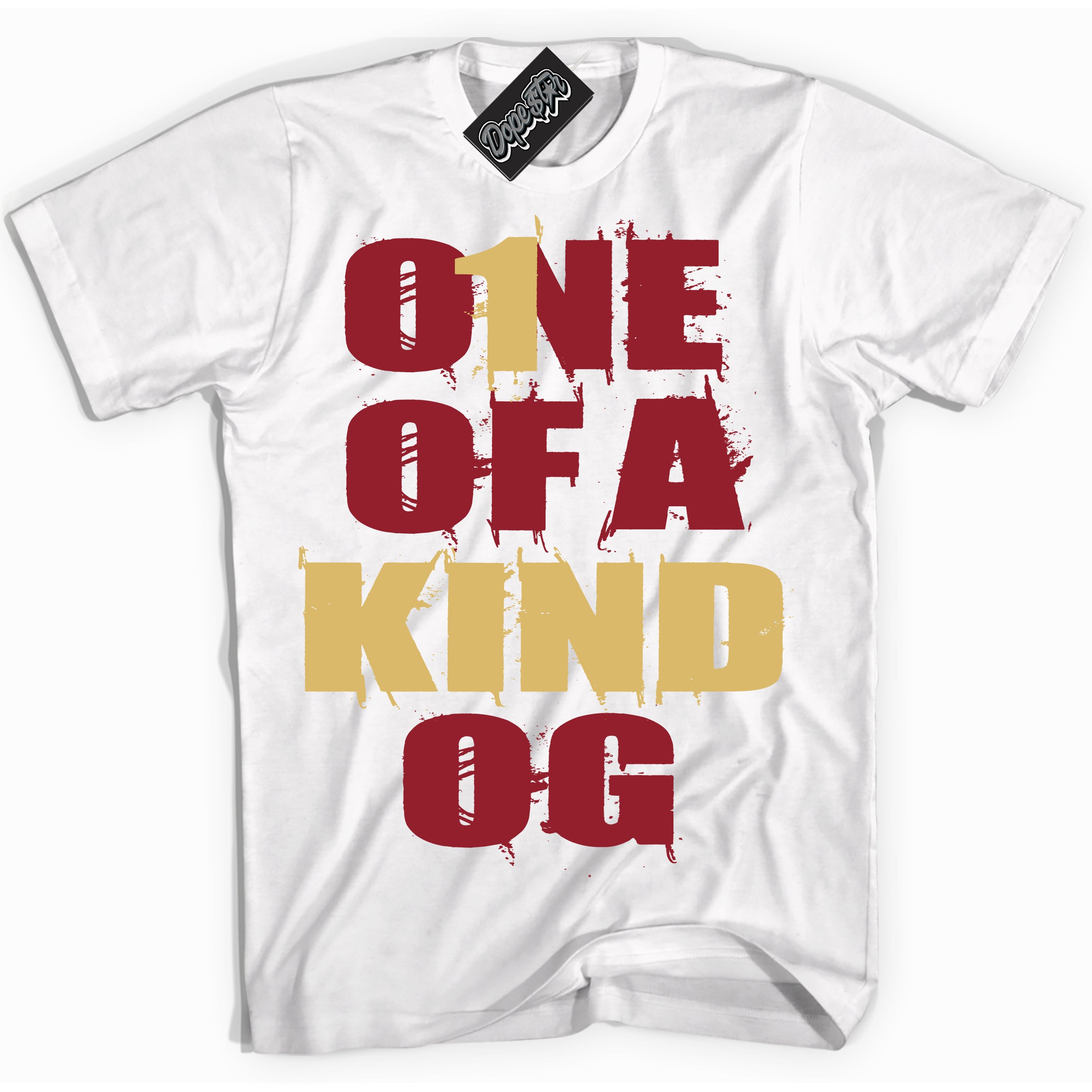 Cool White Shirt with “ One Of A Kind ” design that perfectly matches Method of Make Gym Red Metallic Gold 1s Jordans.