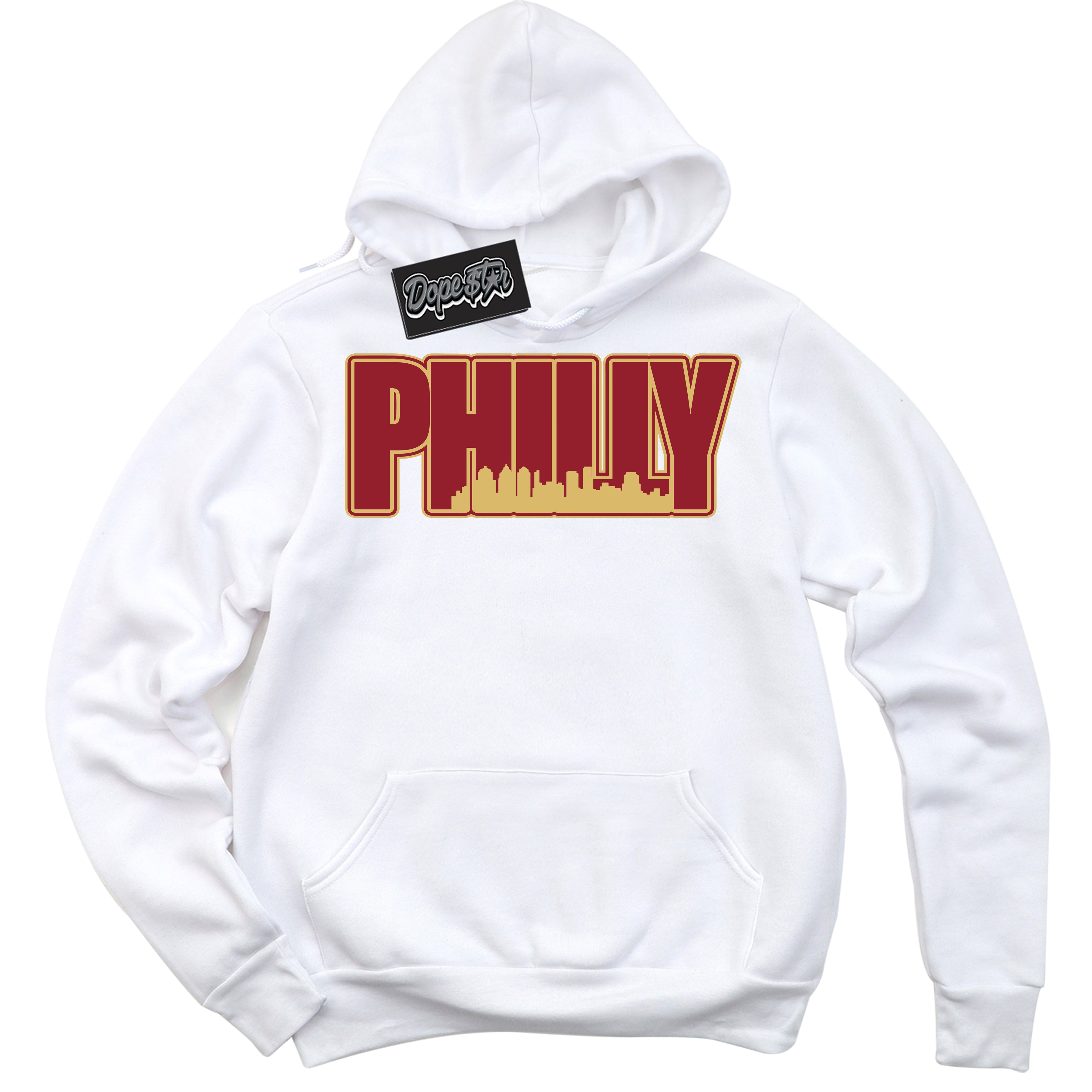 Cool White Hoodie with “ Philly ”  design that Perfectly Matches Method of Make Gym Red Metallic Gold 1s Jordans.