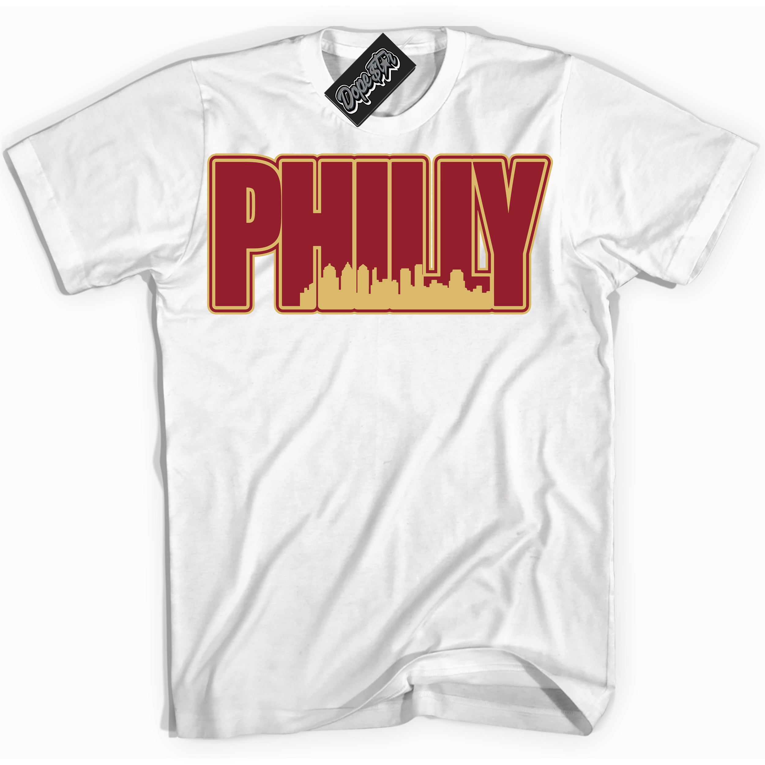 Cool White Shirt with “ Philly ” design that perfectly matches Method of Make Gym Red Metallic Gold 1s Jordans.