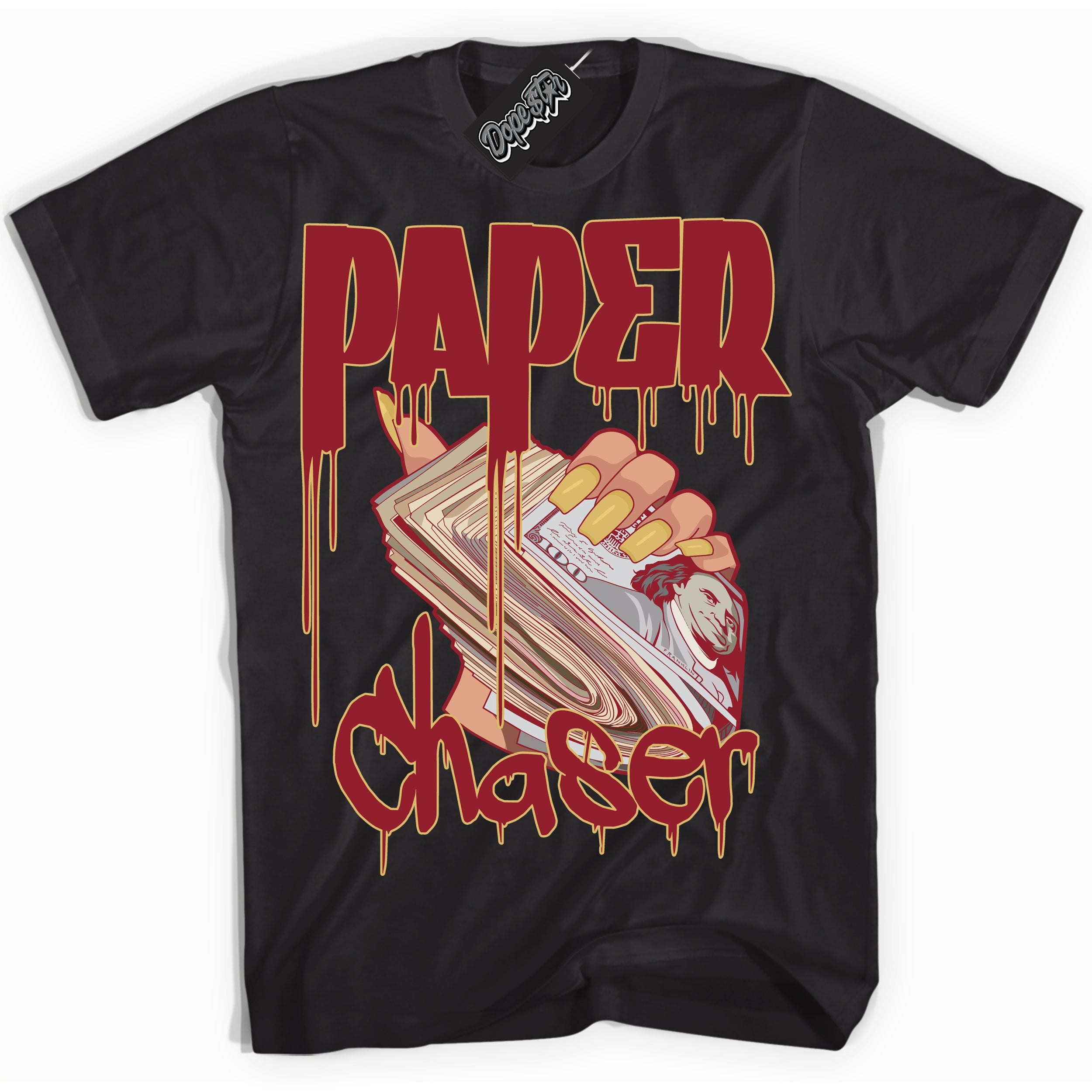 Cool Black Shirt with “ Paper Chaser ” design that perfectly matches Method of Make Gym Red Metallic Gold 1s Jordans.