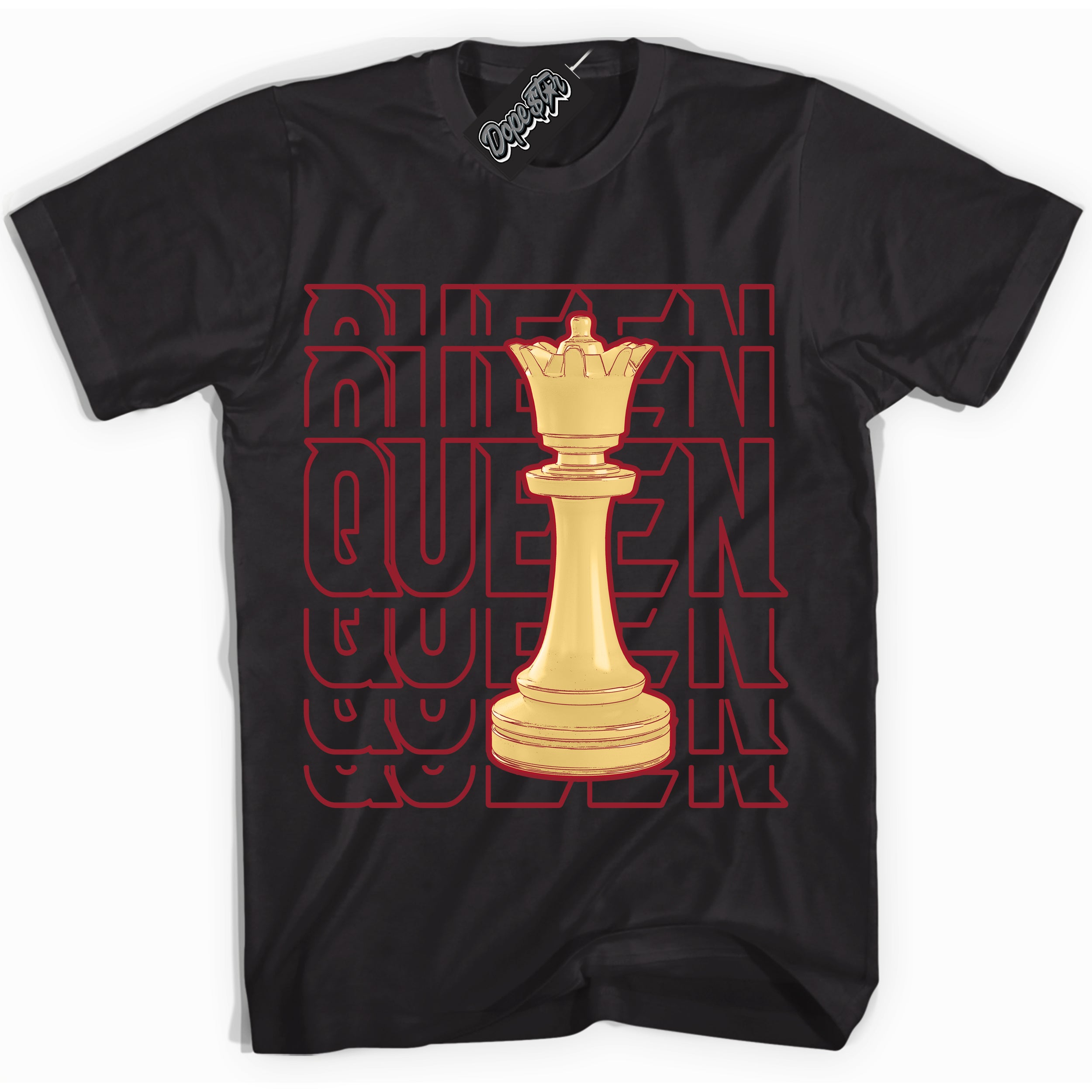Cool Black Shirt with “ Queen Chess ” design that perfectly matches Method of Make Gym Red Metallic Gold 1s Jordans.