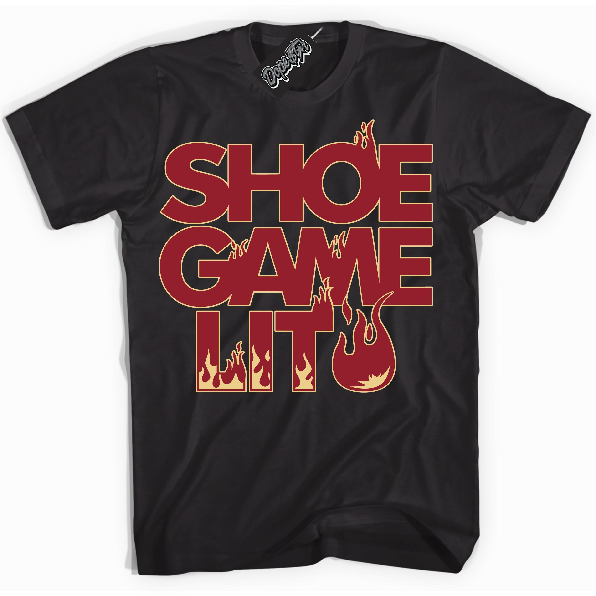 Cool Black Shirt with “ Shoe Game Lit ” design that perfectly matches Method of Make Gym Red Metallic Gold 1s Jordans.