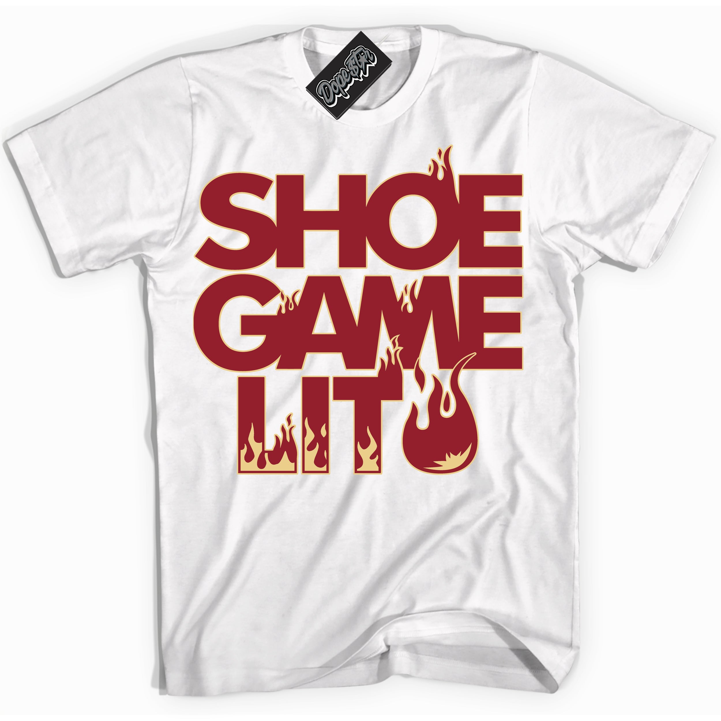 Cool White Shirt with “ Shoe Game Lit ” design that perfectly matches Method of Make Gym Red Metallic Gold 1s Jordans.