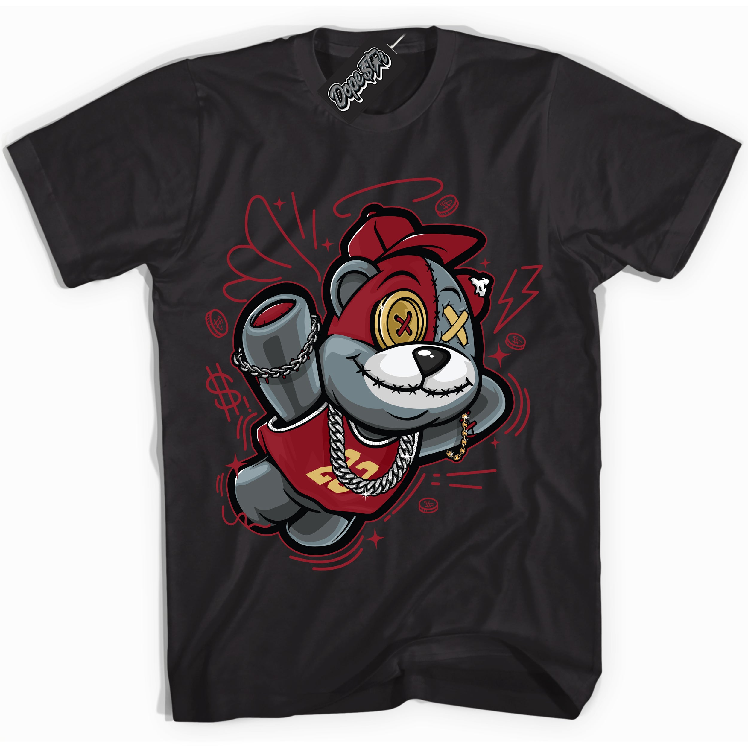 Cool Black Shirt with “ Slam Dunk Bear ” design that perfectly matches Method of Make Gym Red Metallic Gold 1s Jordans.