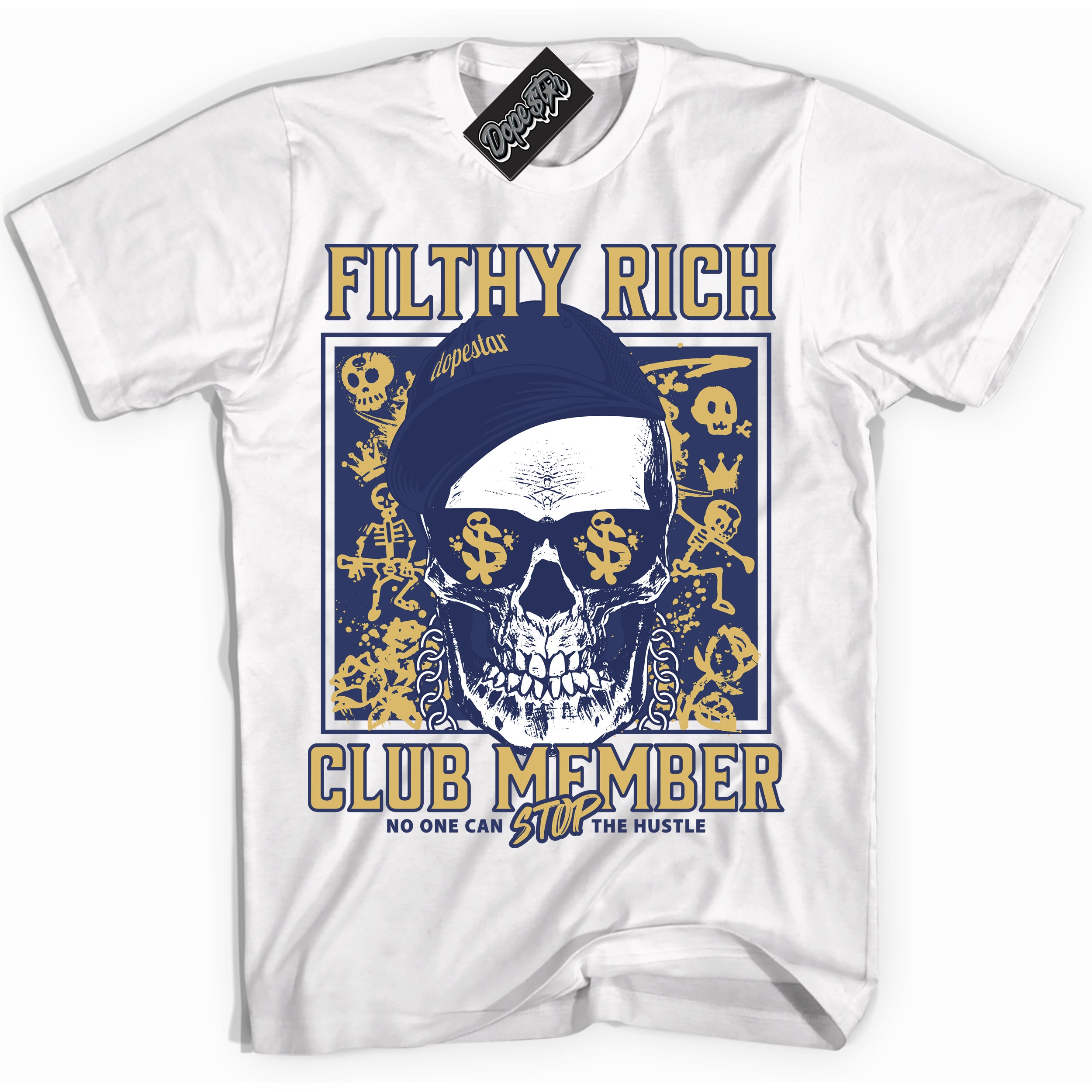 AJ1 Low Method of Make Midnight Navy Metallic Gold ‘Filthy Rich – White Streetwear T-Shirt | Sneaker Matching shirt for AJ1 Low Method of Make Midnight Navy Metallic Gold | Graphic Tee for Men & Women Streetwear by Sneaker Shirts Outlet.