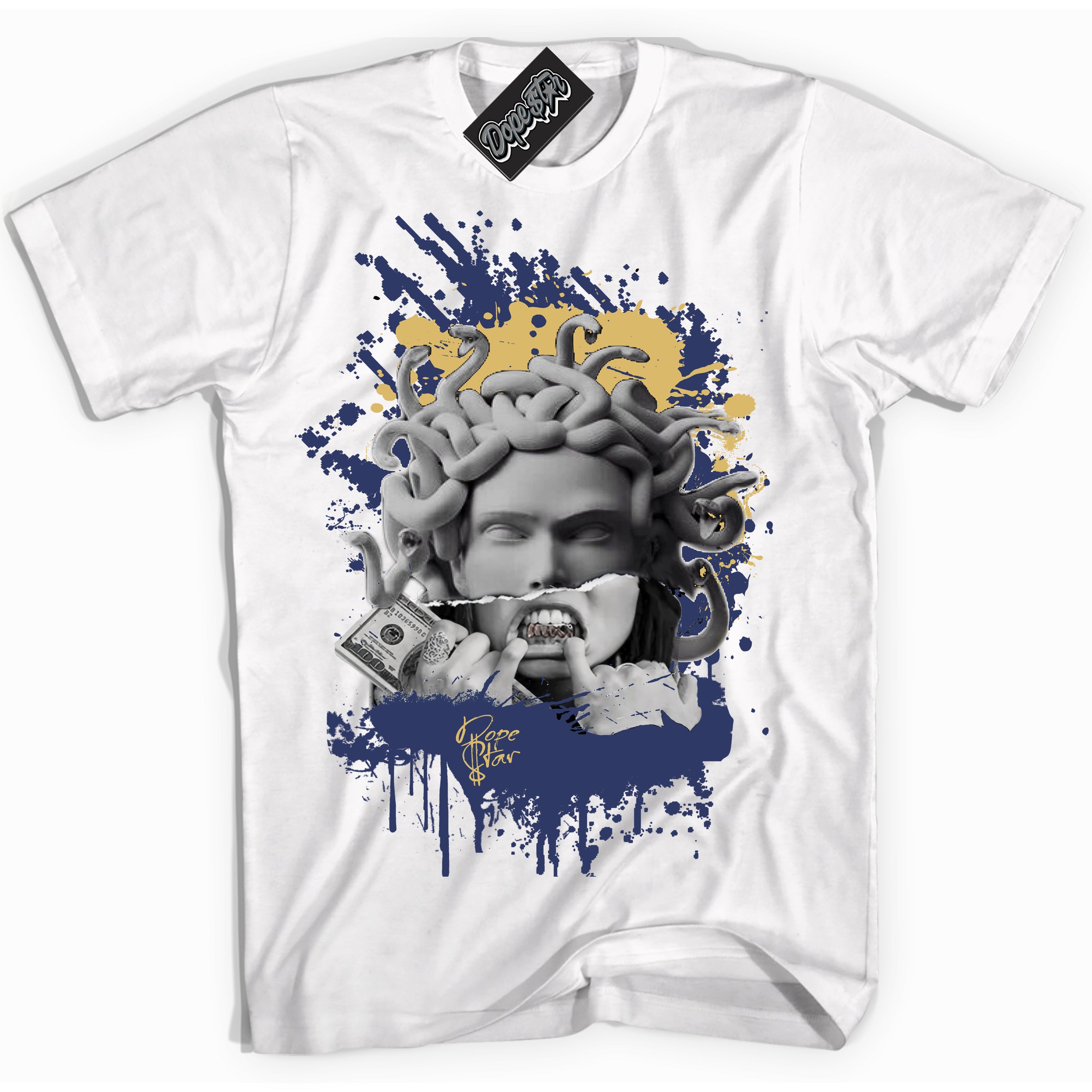 AJ1 Low Method of Make Midnight Navy Metallic Gold ‘Medusa – White Streetwear T-Shirt | Sneaker Matching shirt for AJ1 Low Method of Make Midnight Navy Metallic Gold | Graphic Tee for Men & Women Streetwear by Sneaker Shirts Outlet.