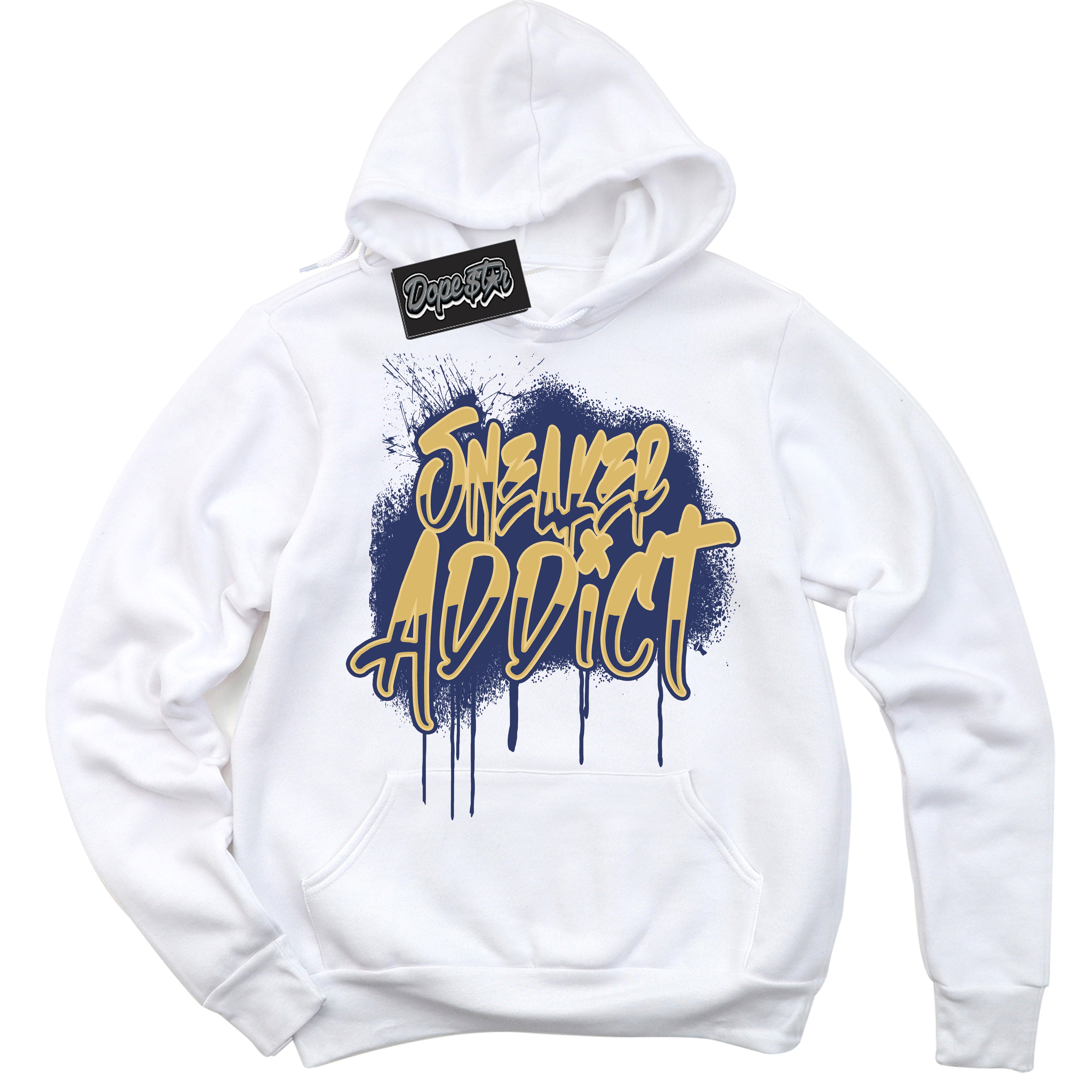 AJ1 Low Method of Make Midnight Navy Metallic Gold ‘Sneaker Addict – White Streetwear Hoodie | Sneaker Matching sweatshirt for AJ1 Low Method of Make Midnight Navy Metallic Gold | Graphic Hoodie for Men & Women Streetwear by Sneaker Shirts Outlet.