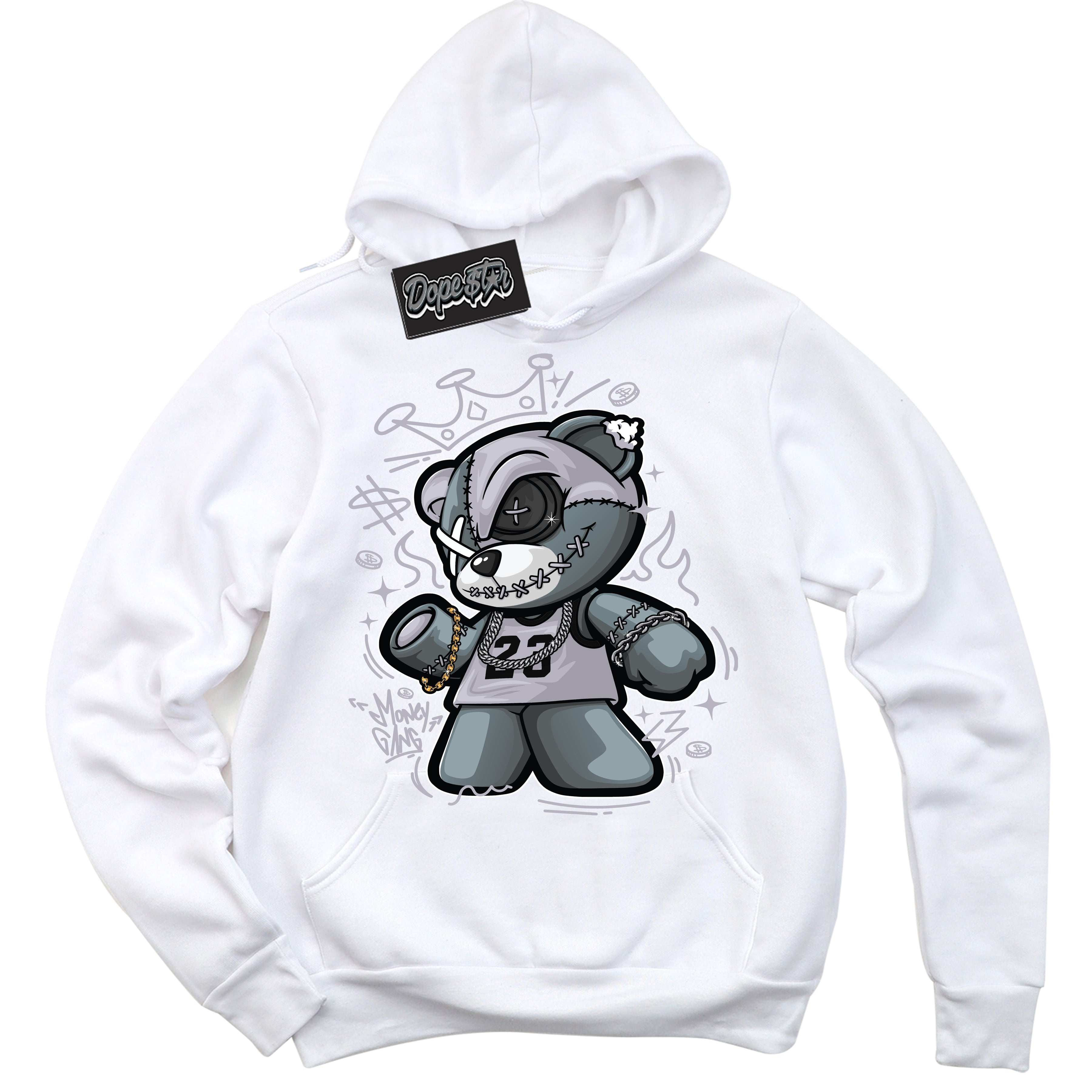 Cool White Hoodie with “ Money Gang Bear ”  design that Perfectly Matches OG Barons 1s Jordans.