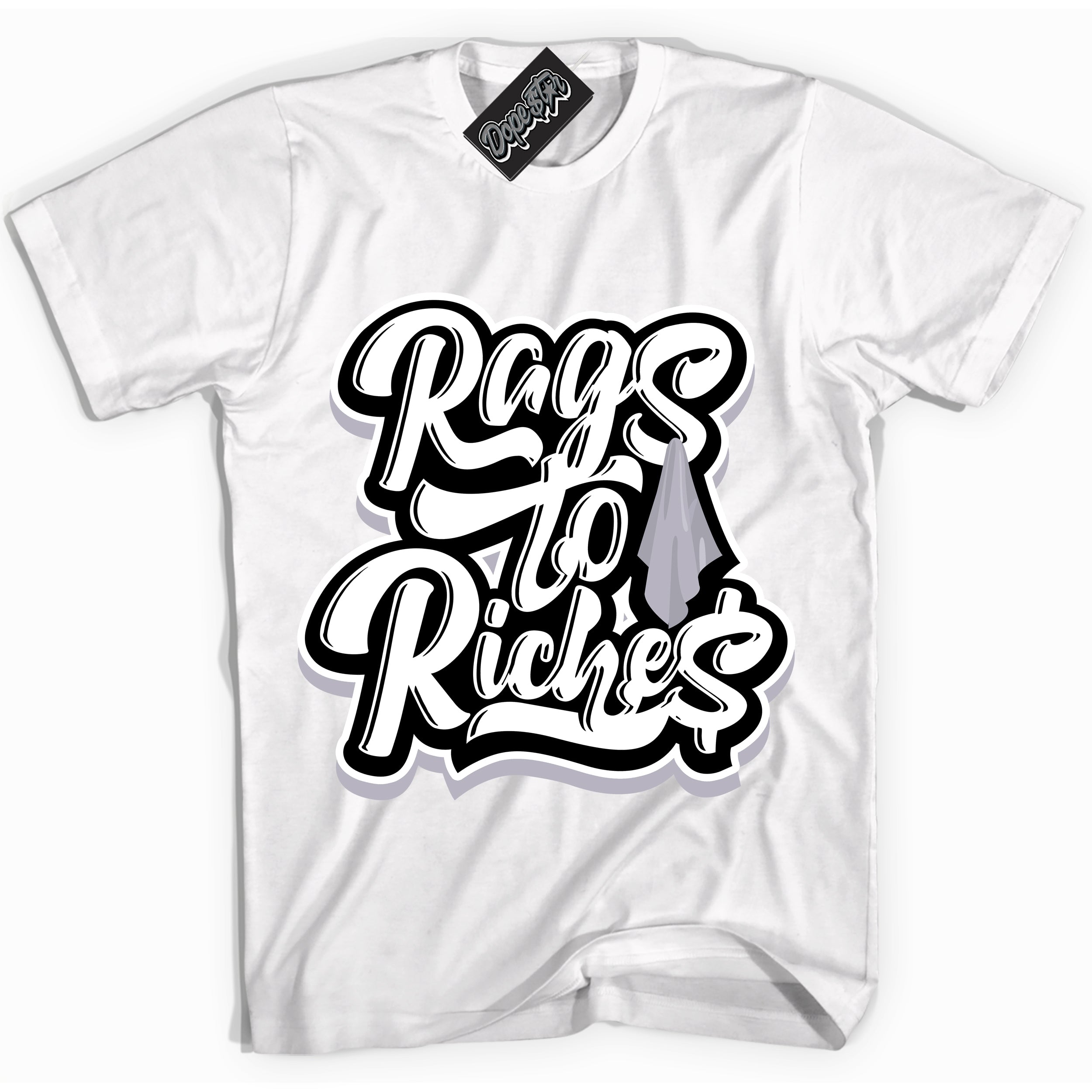Cool White Shirt with “ Rags To Riches ” design that perfectly matches OG Barons 1s Jordans.