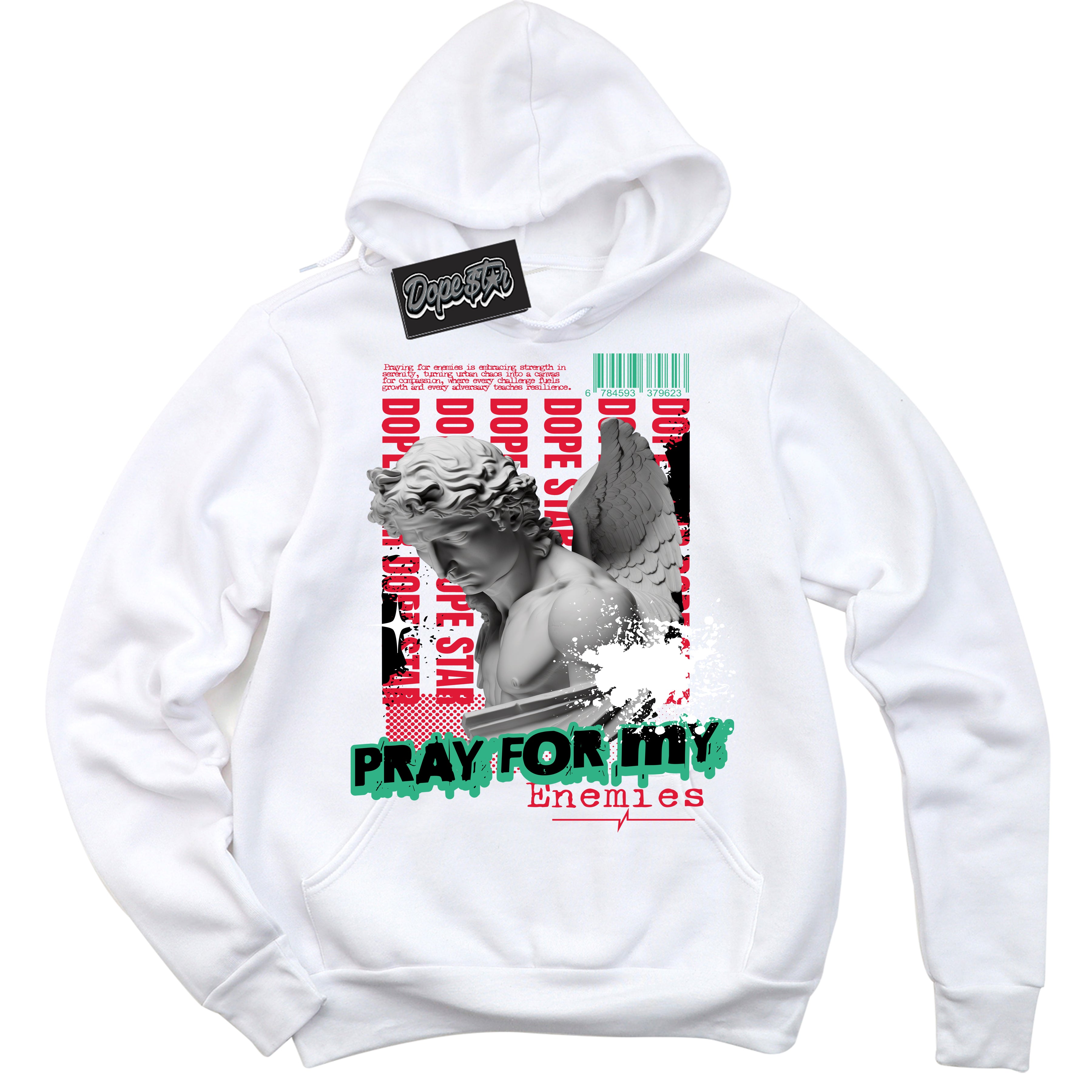 Cool White Hoodie with “ Pray Enemies ”  design that Perfectly Matches Quai 54 1s Sneakers.