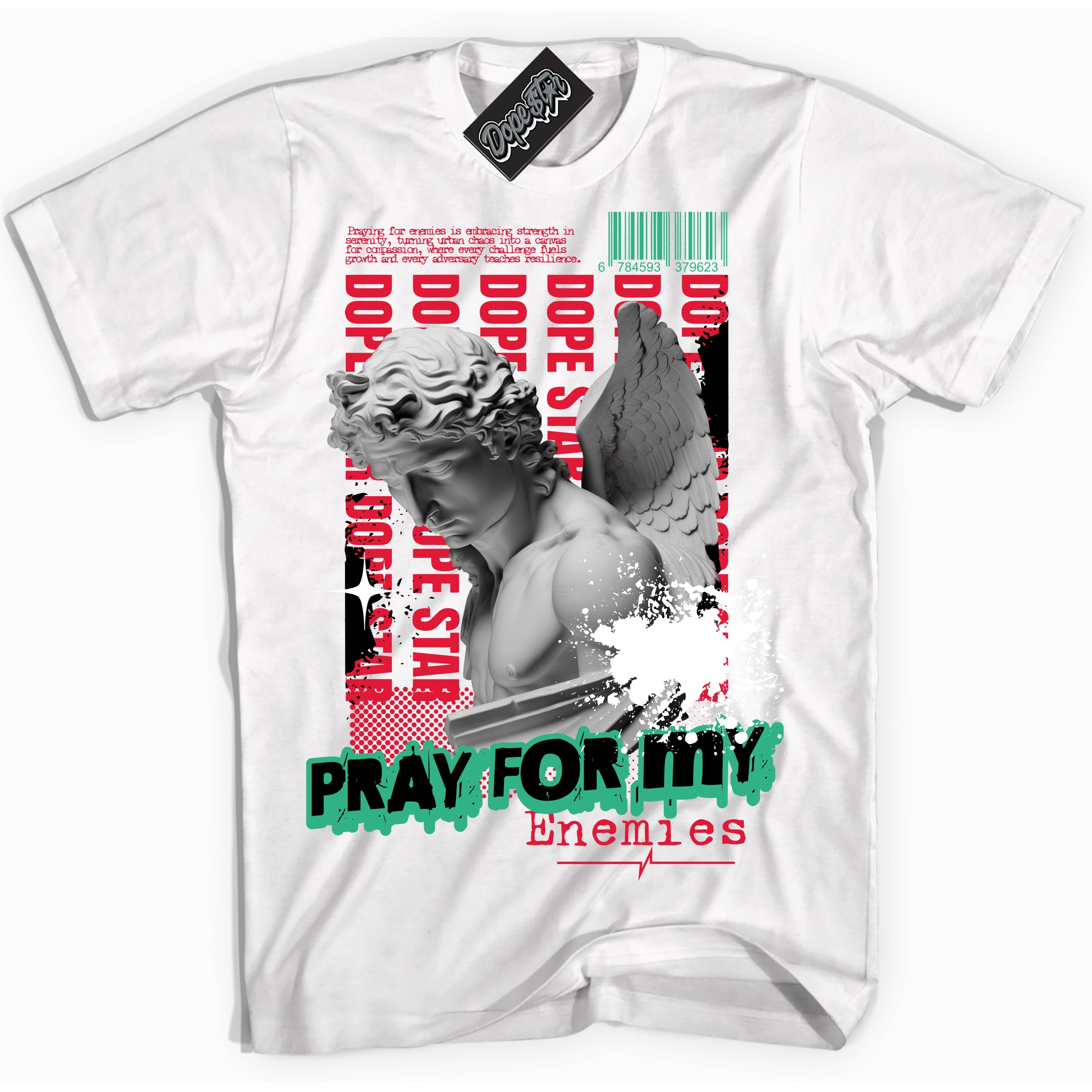 Cool White Shirt with “ Pray Enemies” design that perfectly matches Quai 54 1s Sneakers.