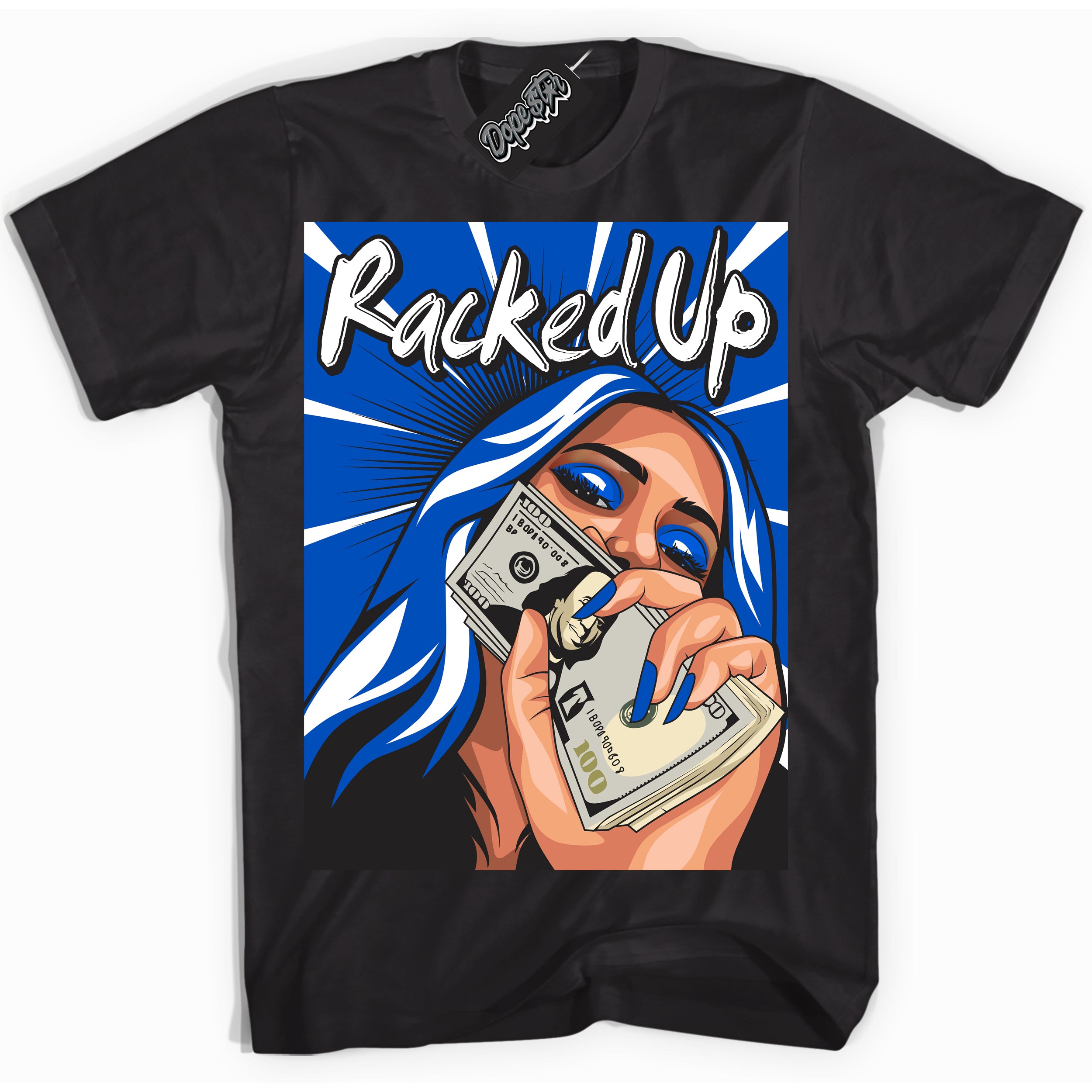 Cool Black Shirt with “ Racked Up” design that perfectly matches Quai 54 1s Sneakers.