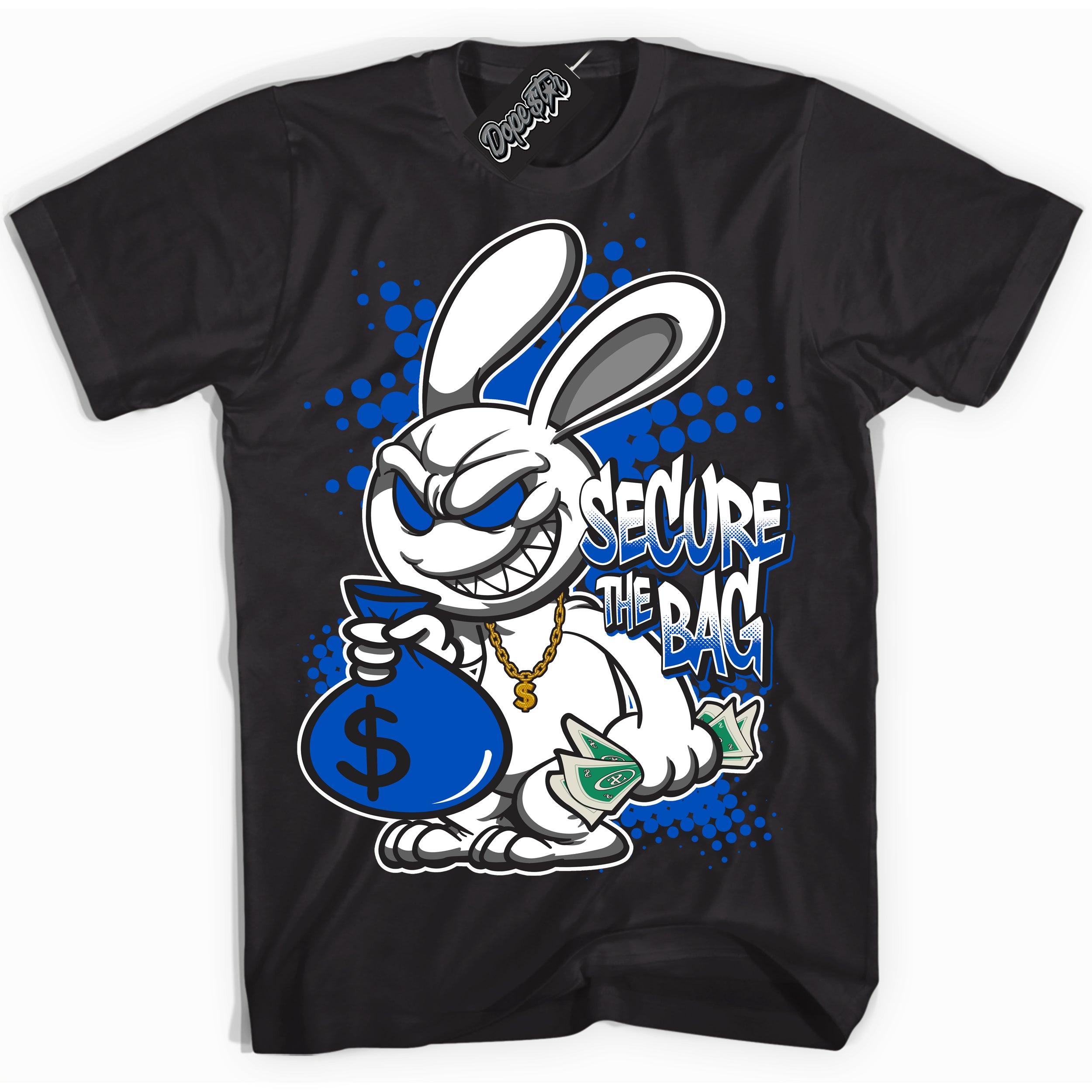 Cool Black Shirt with “ Secure The Bag” design that perfectly matches Quai 54 1s Sneakers.