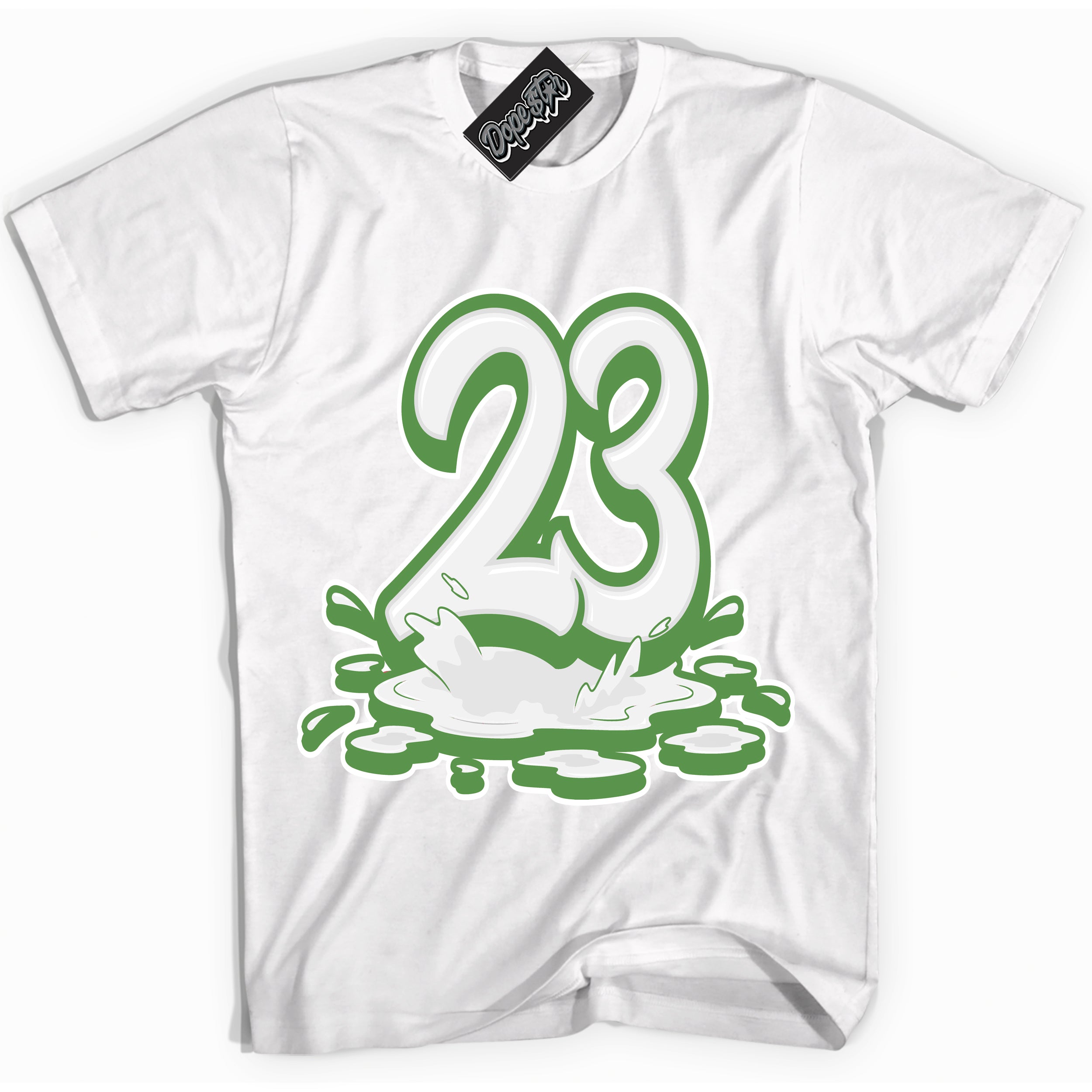 Cool White Shirt with “ 23 Melting ” design that perfectly matches Chlorophyll 1s Jordans.