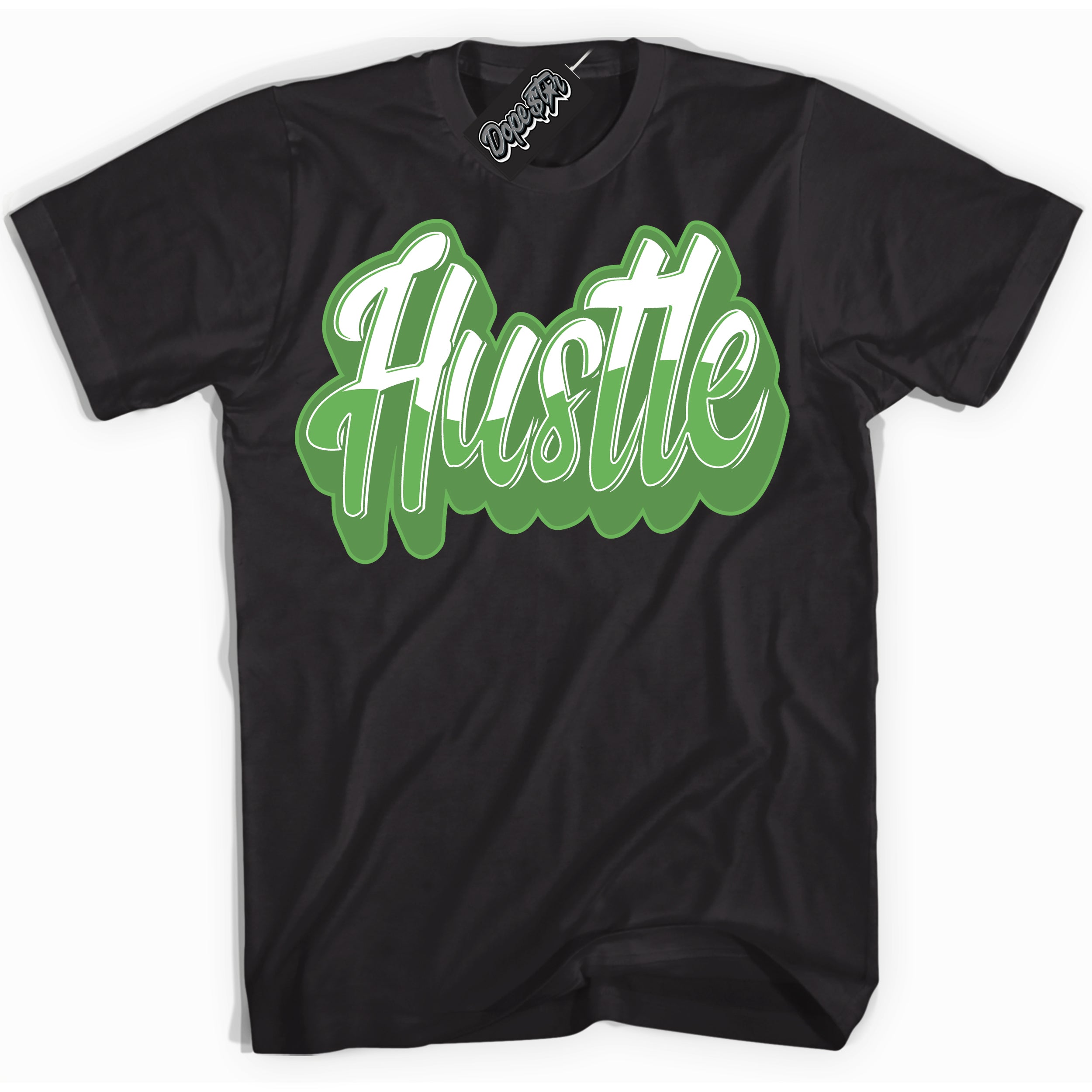 Cool Black Shirt with “ Hustle ” design that perfectly matches Chlorophyll 1s Jordans.