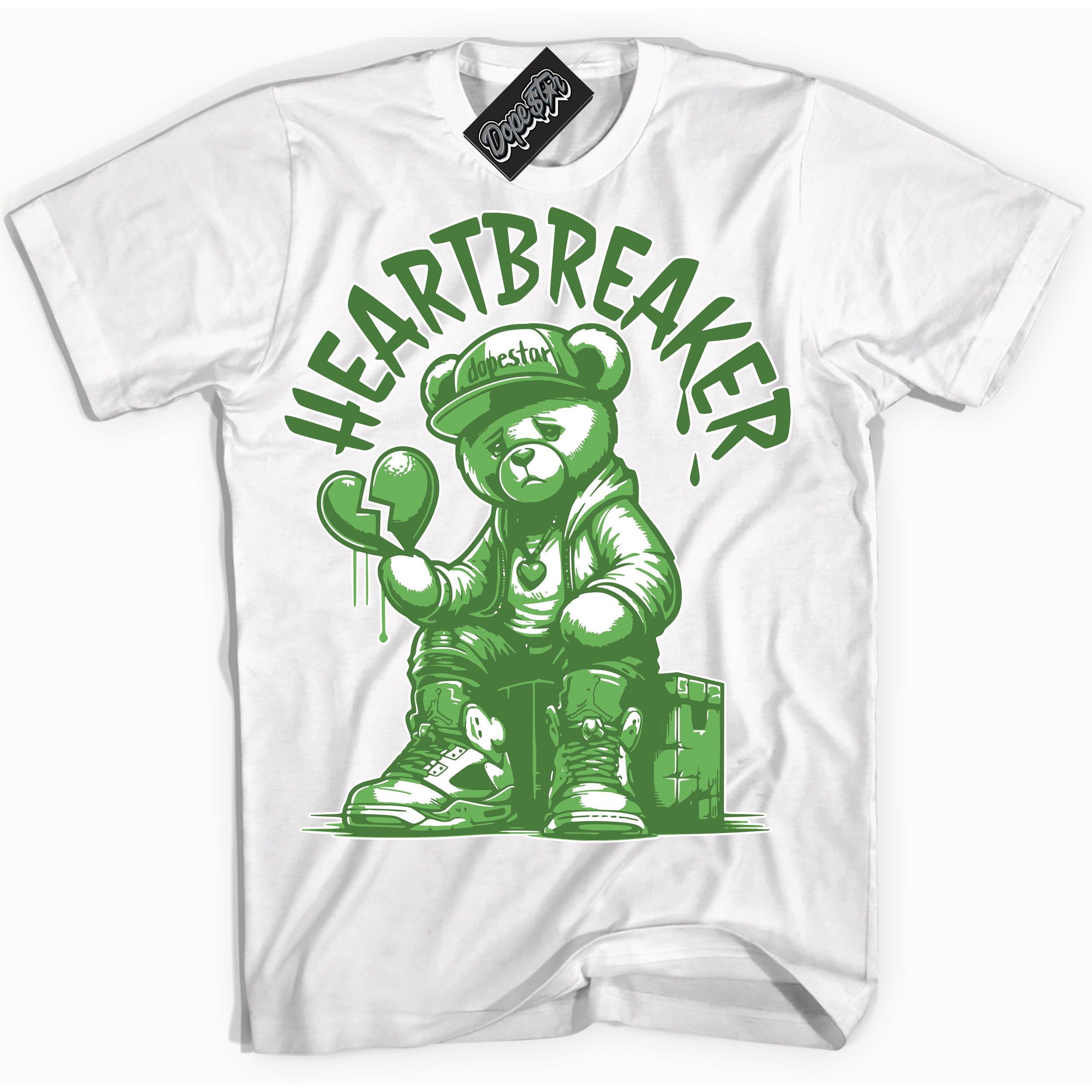 Cool White Shirt with “ Heartbreaker Bear ” design that perfectly matches Chlorophyll 1s Jordans.