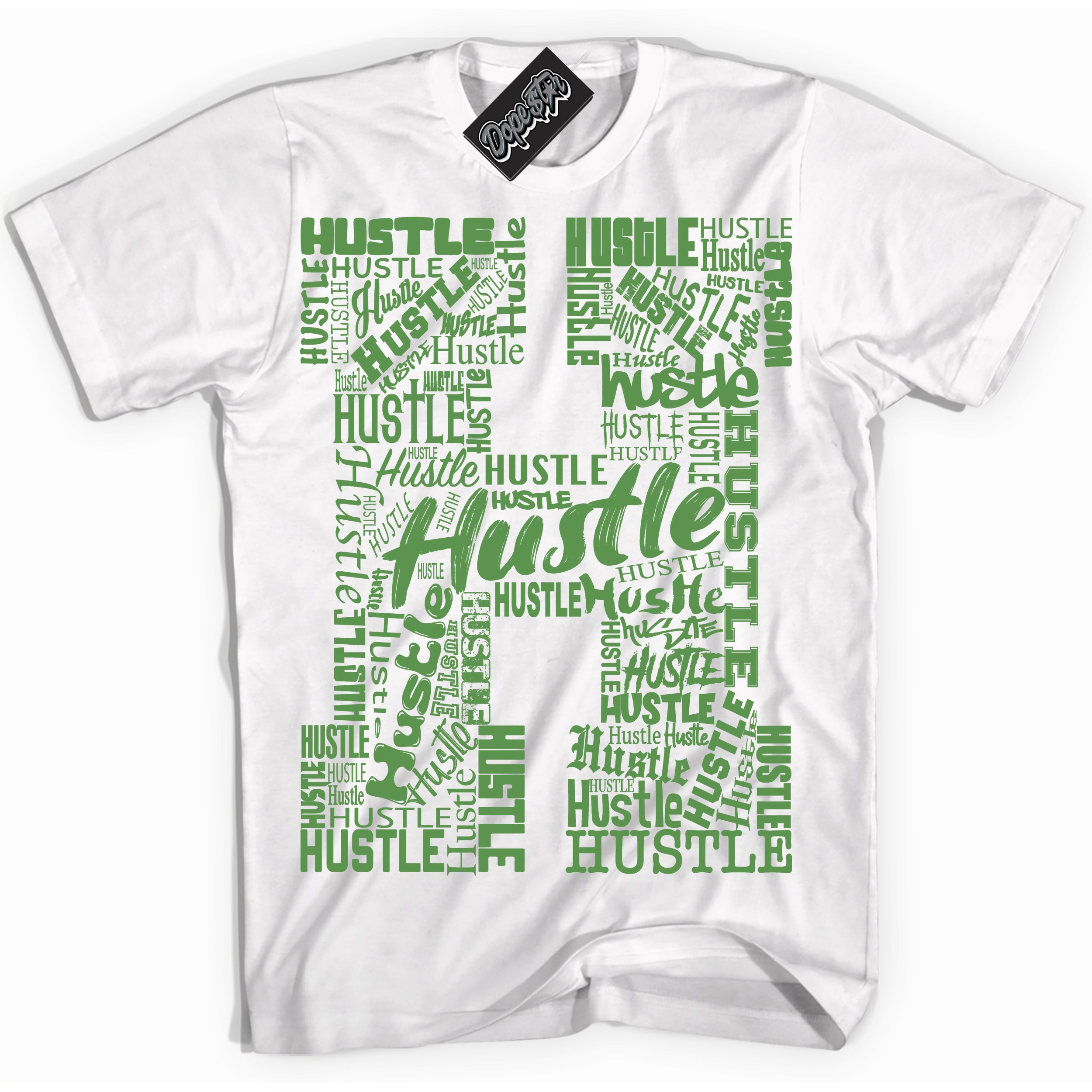 Cool White Shirt with “ Hustle H ” design that perfectly matches Chlorophyll 1s Jordans.