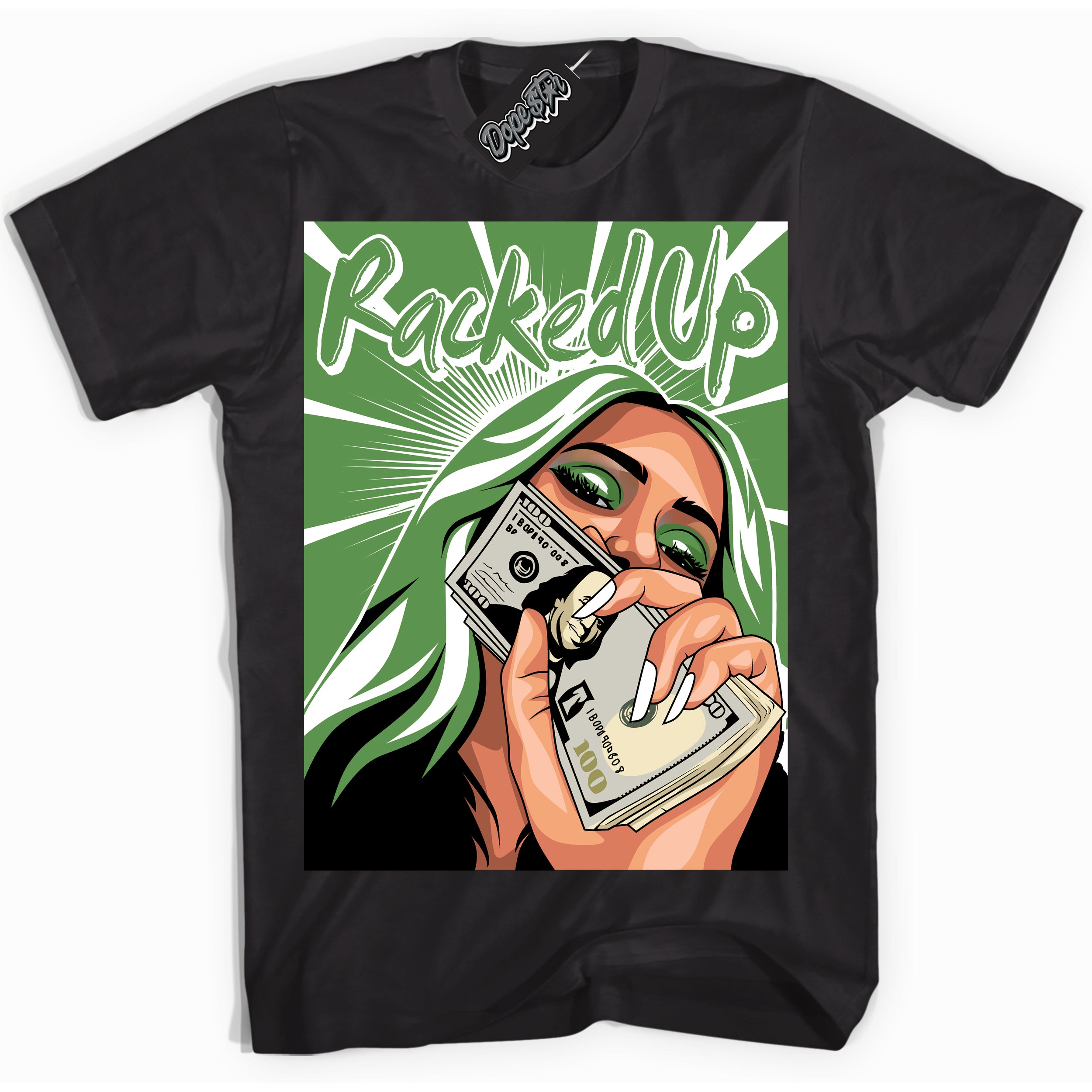 Cool Black Shirt with “ Racked Up ” design that perfectly matches Chlorophyll 1s Jordans.