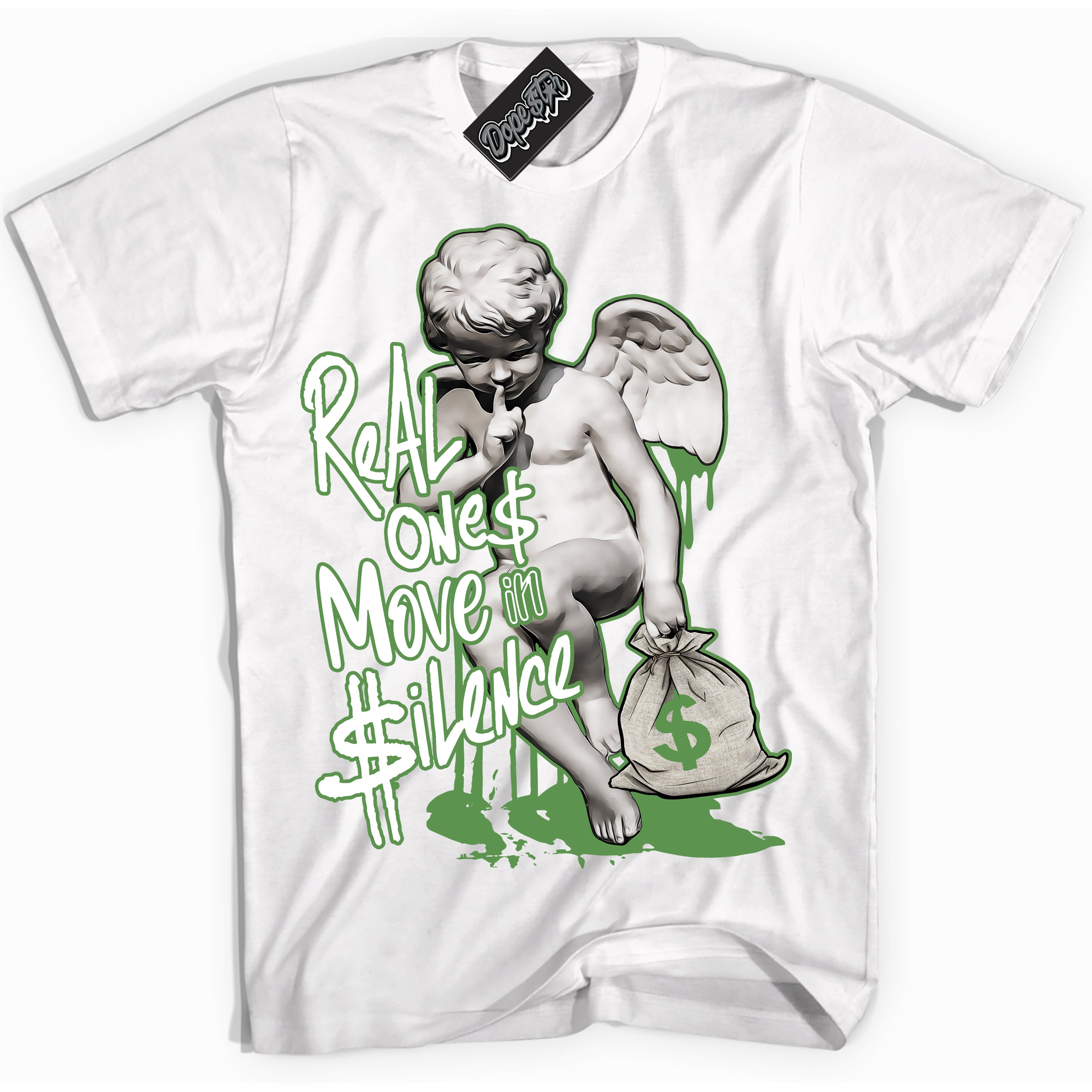 Cool White Shirt with “ Real Ones Cherub ” design that perfectly matches Chlorophyll 1s Jordans.