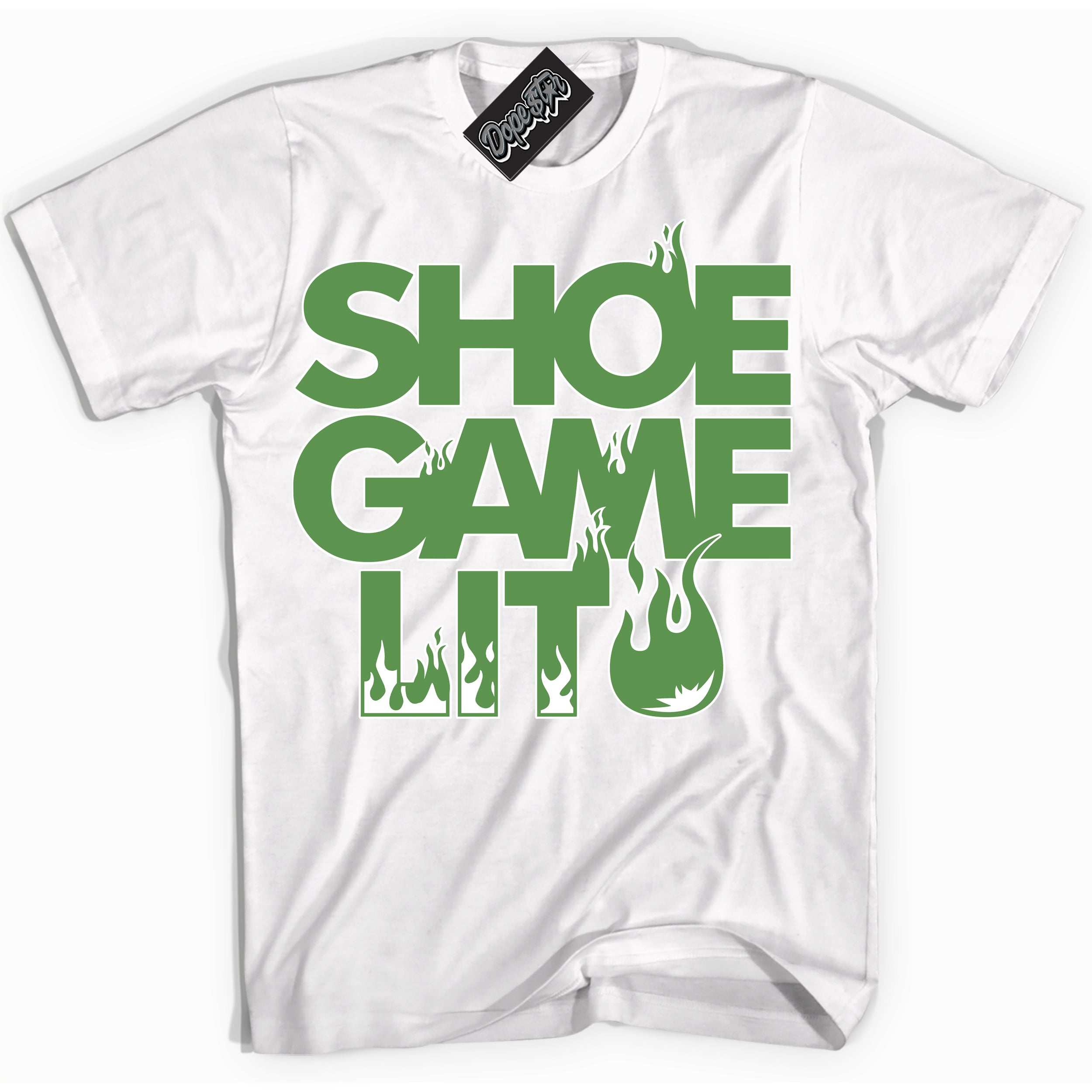 Cool White Shirt with “ Shoe Game Lit ” design that perfectly matches Chlorophyll 1s Jordans.