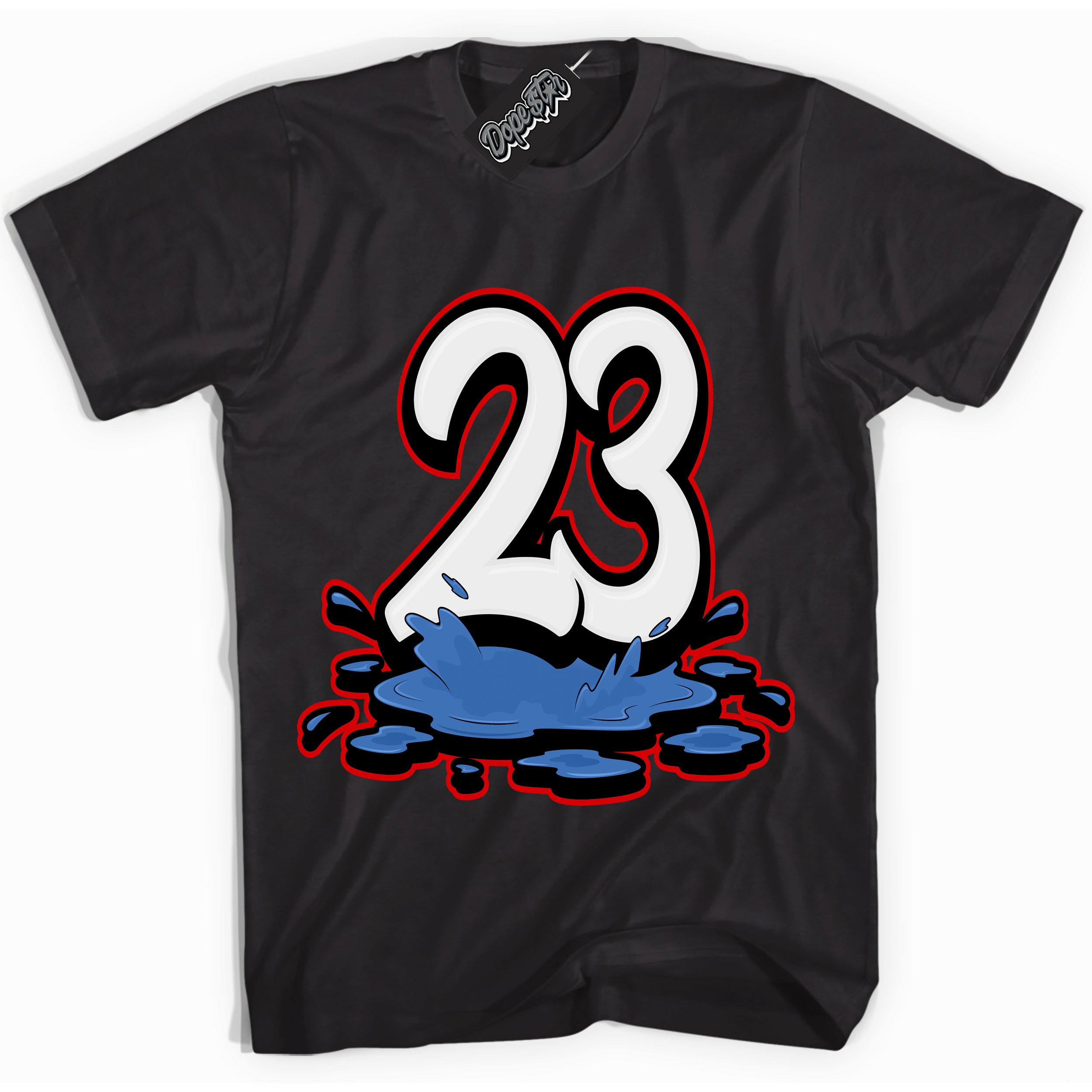 Cool Black Shirt with “ 23 Melting” design that perfectly matches Industrial Blue Sashiko 1s Sneakers.
